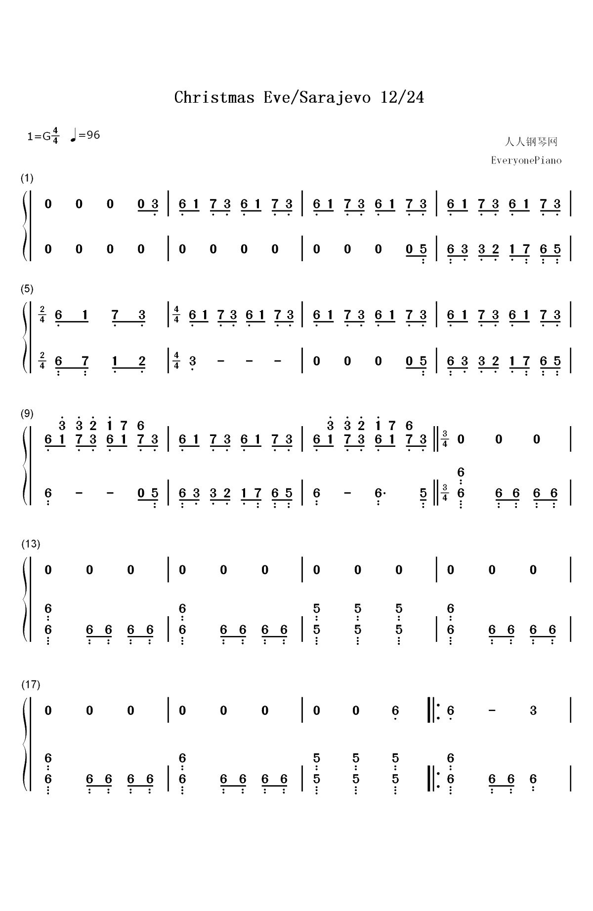 Christmas Eve Sarajevo 12 24双手简谱预览1