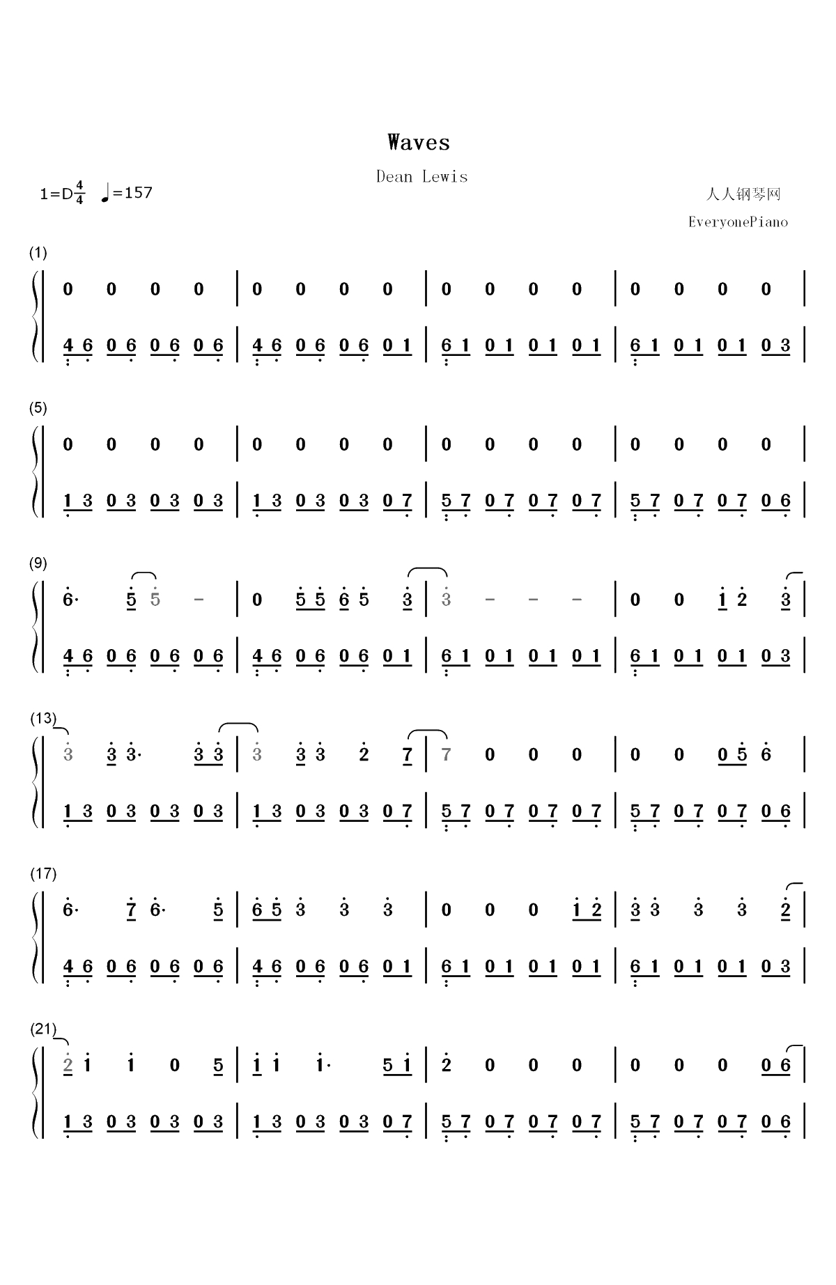 Waves-Dean Lewis双手简谱预览1
