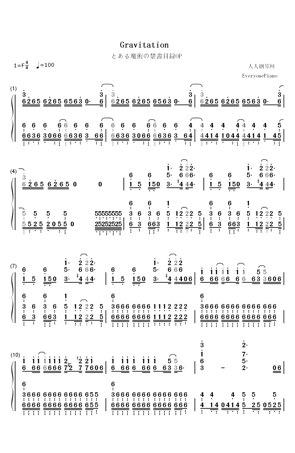 Gravitation-魔法禁书目录ⅢOP双手简谱预览1