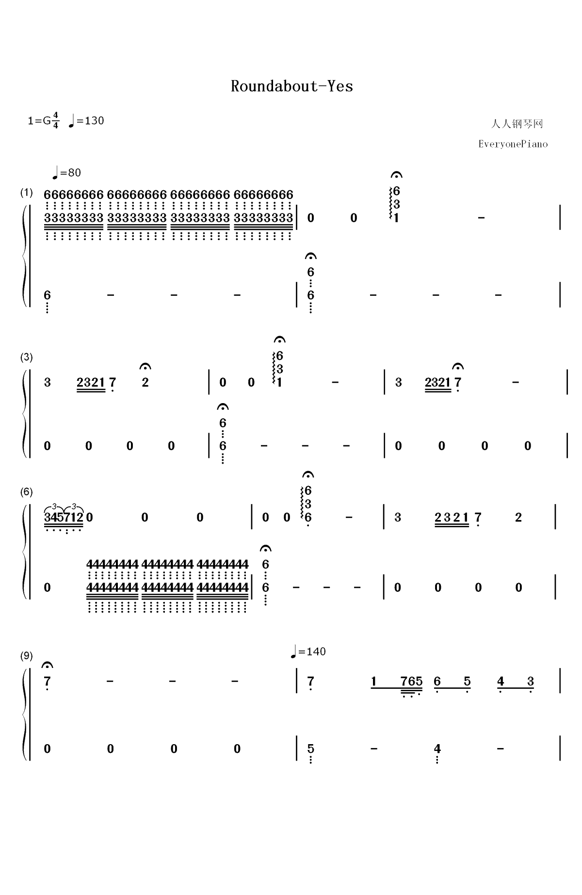 Roundabout-Yes双手简谱预览1
