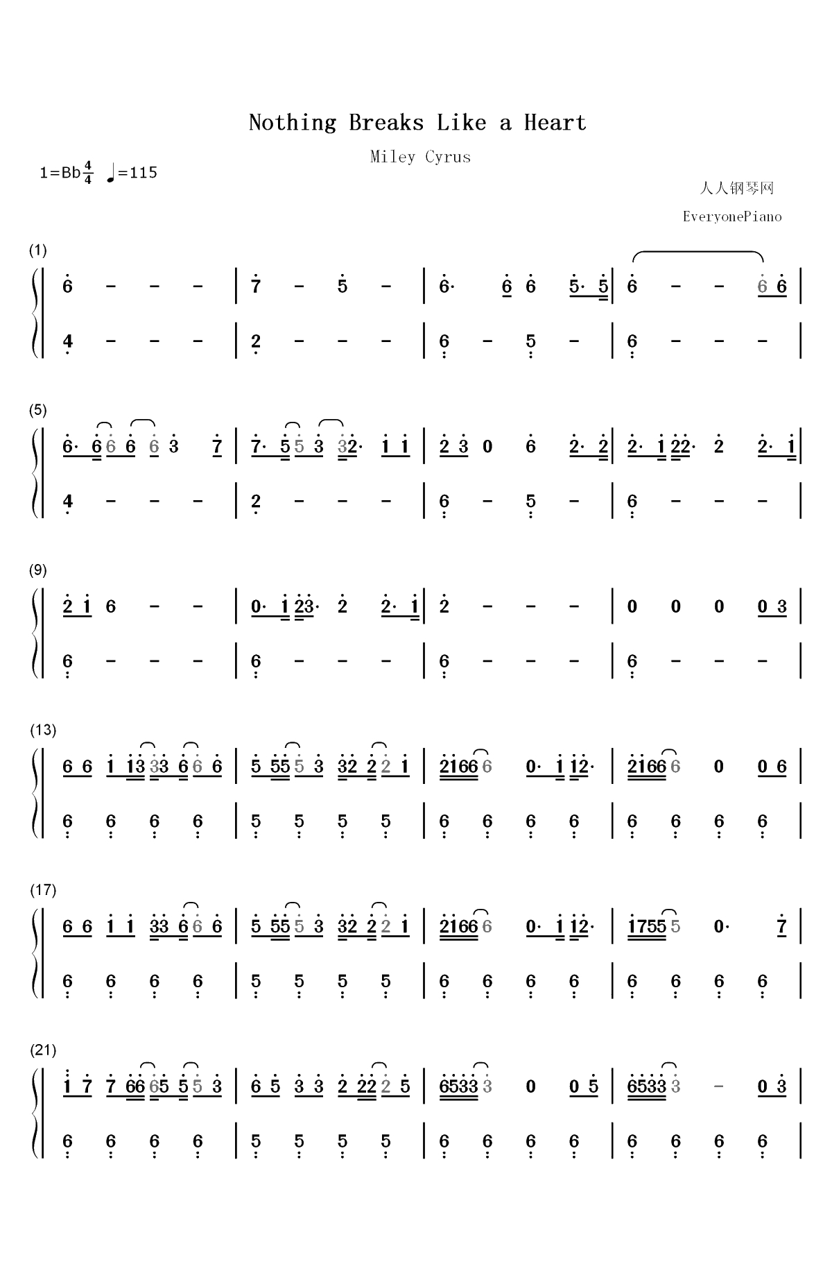Nothing Breaks Like a Heart-Mark Ronson ft Miley Cyrus双手简谱预览1