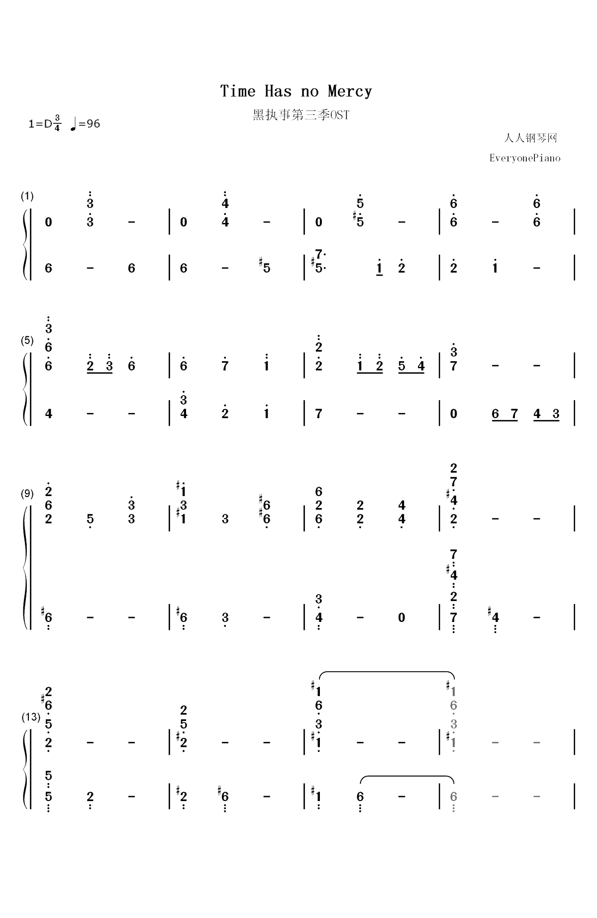 Time Has No Mercy-黑执事 Book of Circus插曲双手简谱预览1