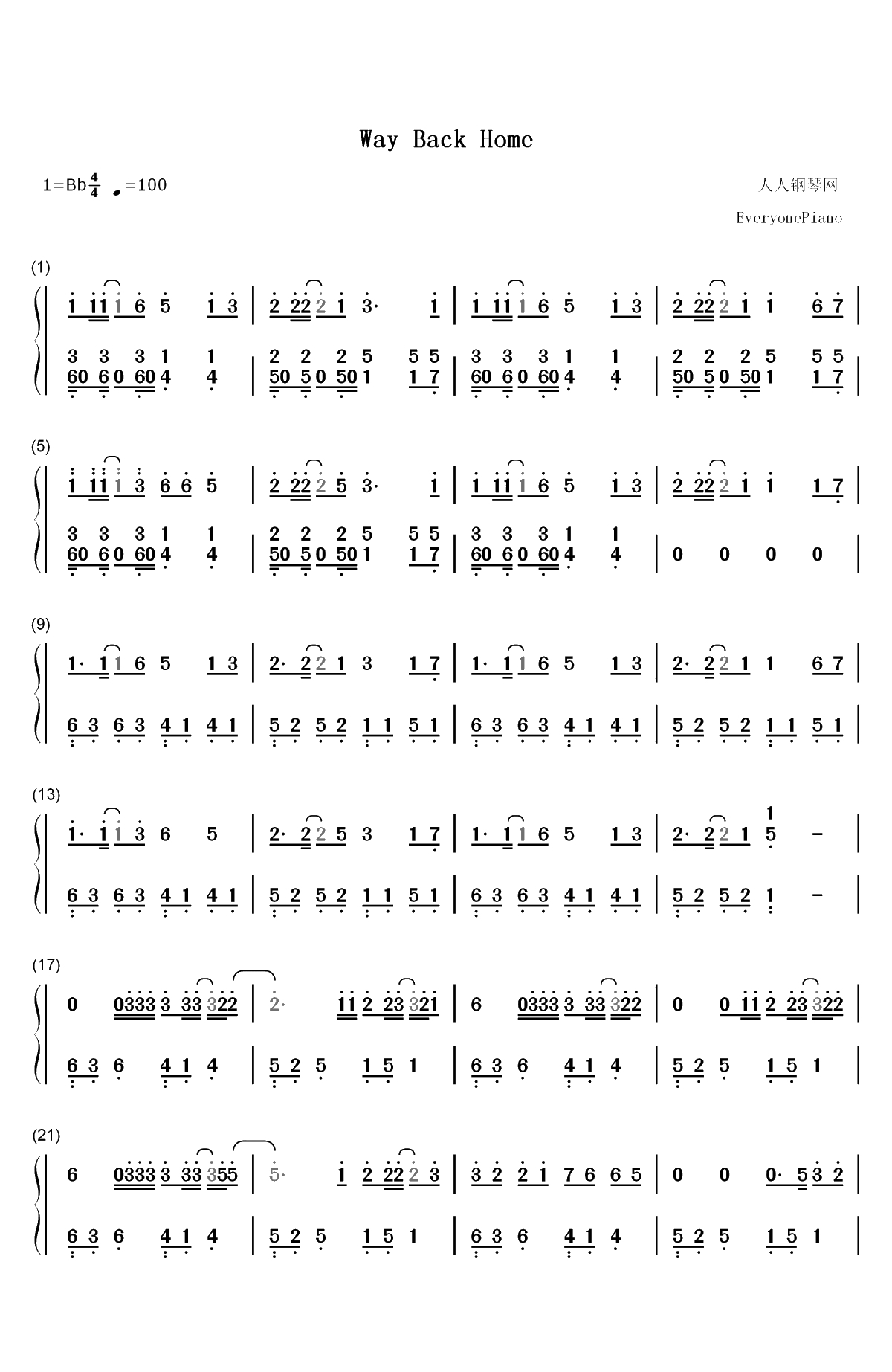 Way Back Home-一开口都想恋爱了-抖音神曲双手简谱预览1