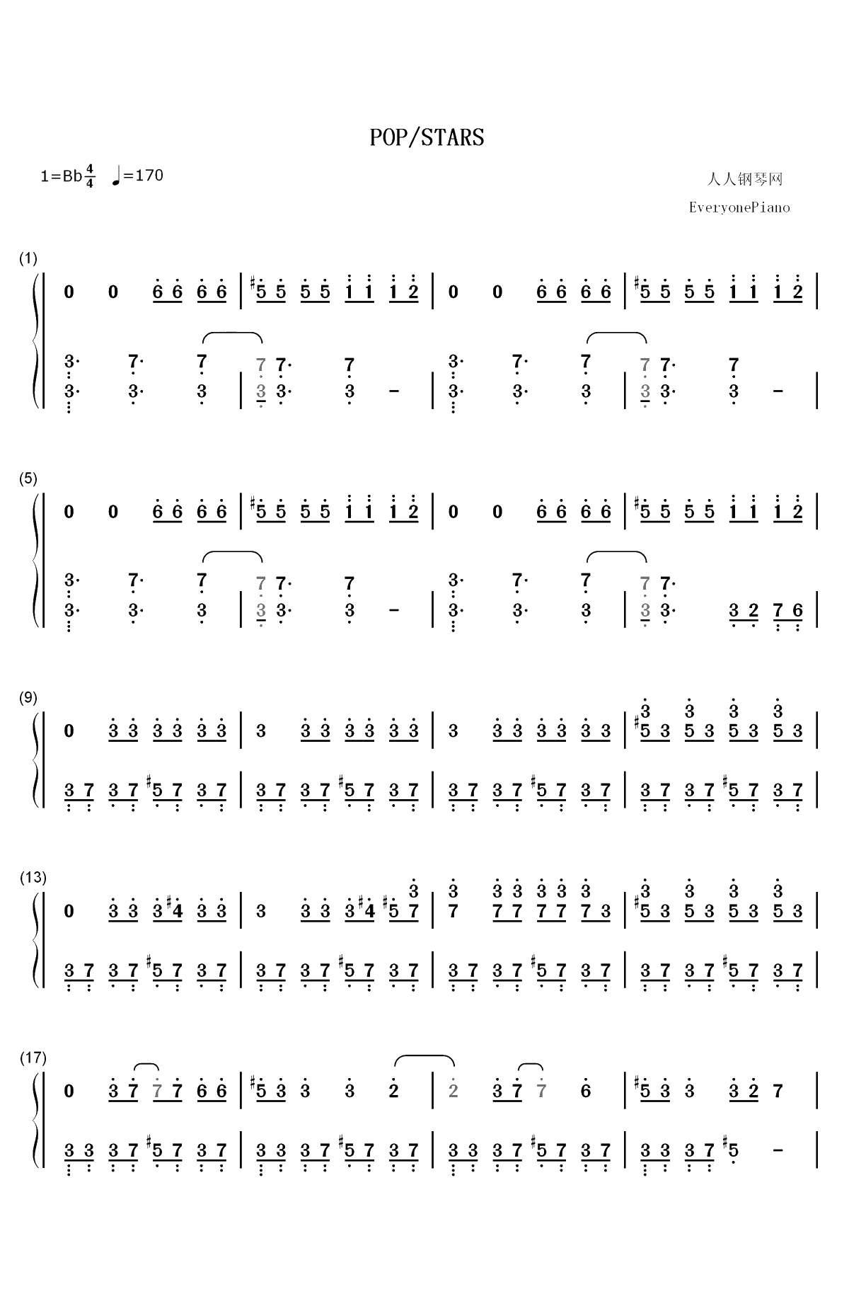 POP STARS-英雄联盟KDA全新单曲双手简谱预览1