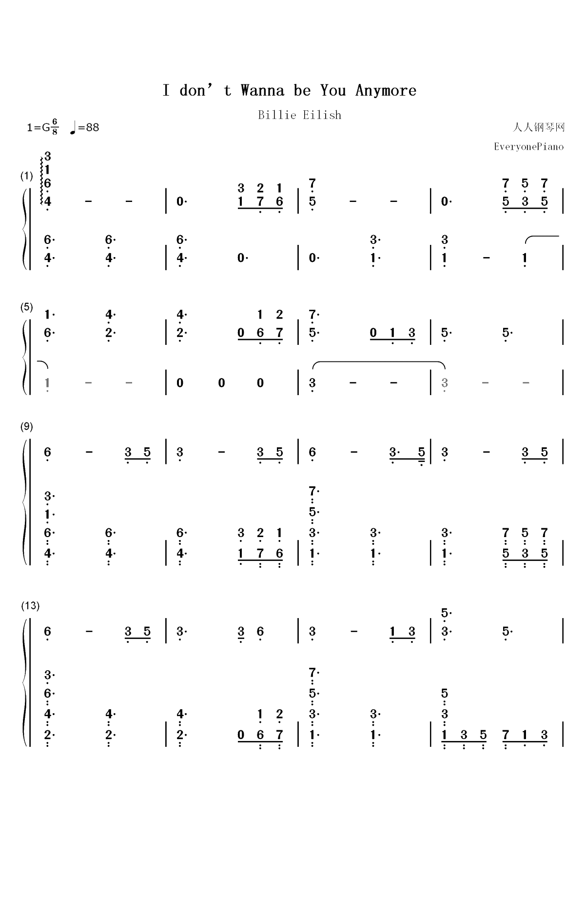 Idontwannabeyouanymore-Billie Eilish双手简谱预览1