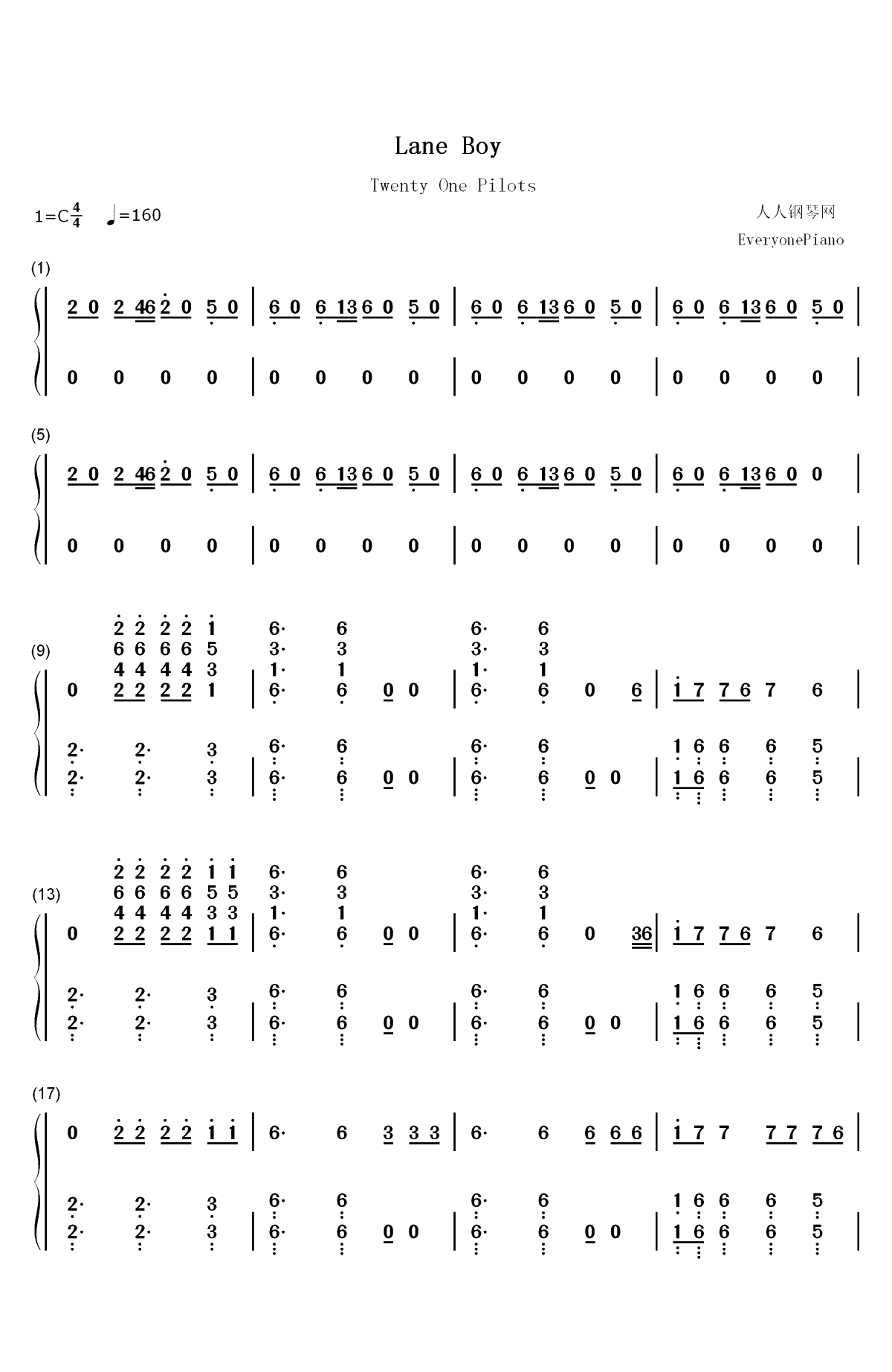 Lane Boy-Twenty One Pilots双手简谱预览1