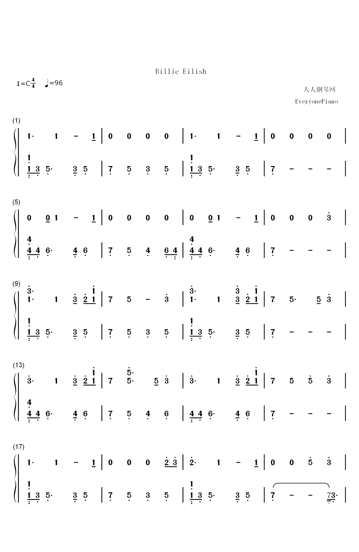 Come Out and Play-Billie Eilish双手简谱预览1