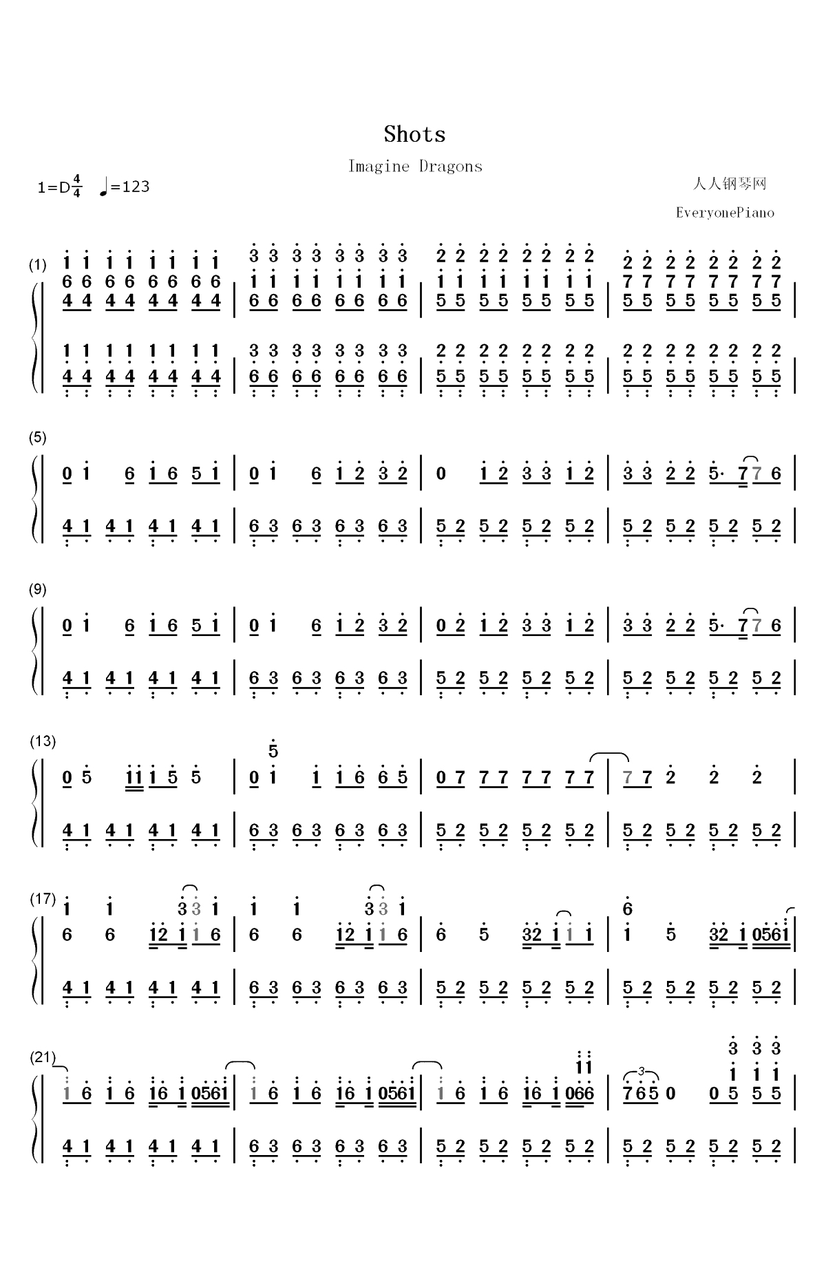 Shots-Imagine Dragons双手简谱预览1
