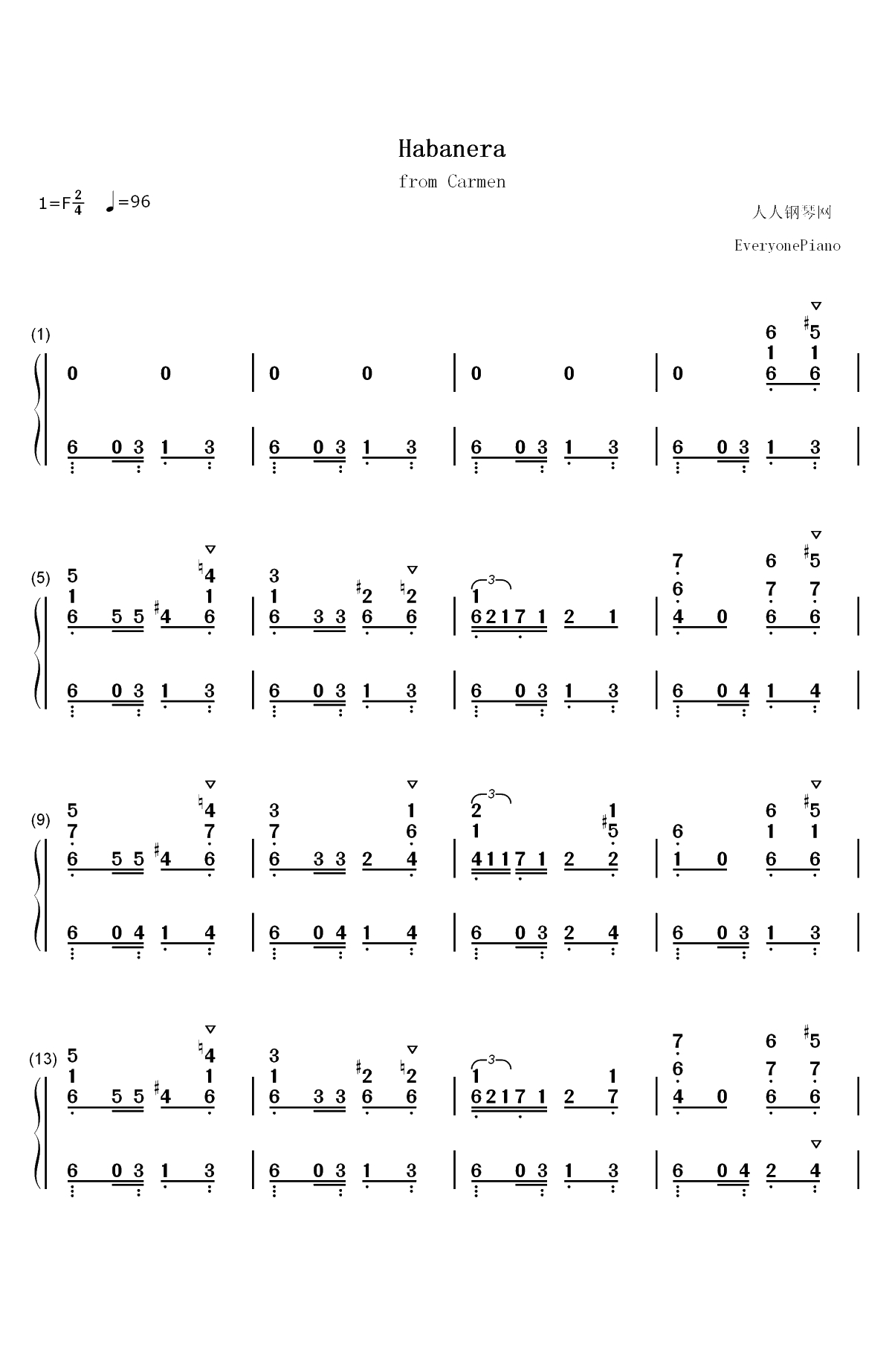 Habanera-歌剧卡门双手简谱预览1