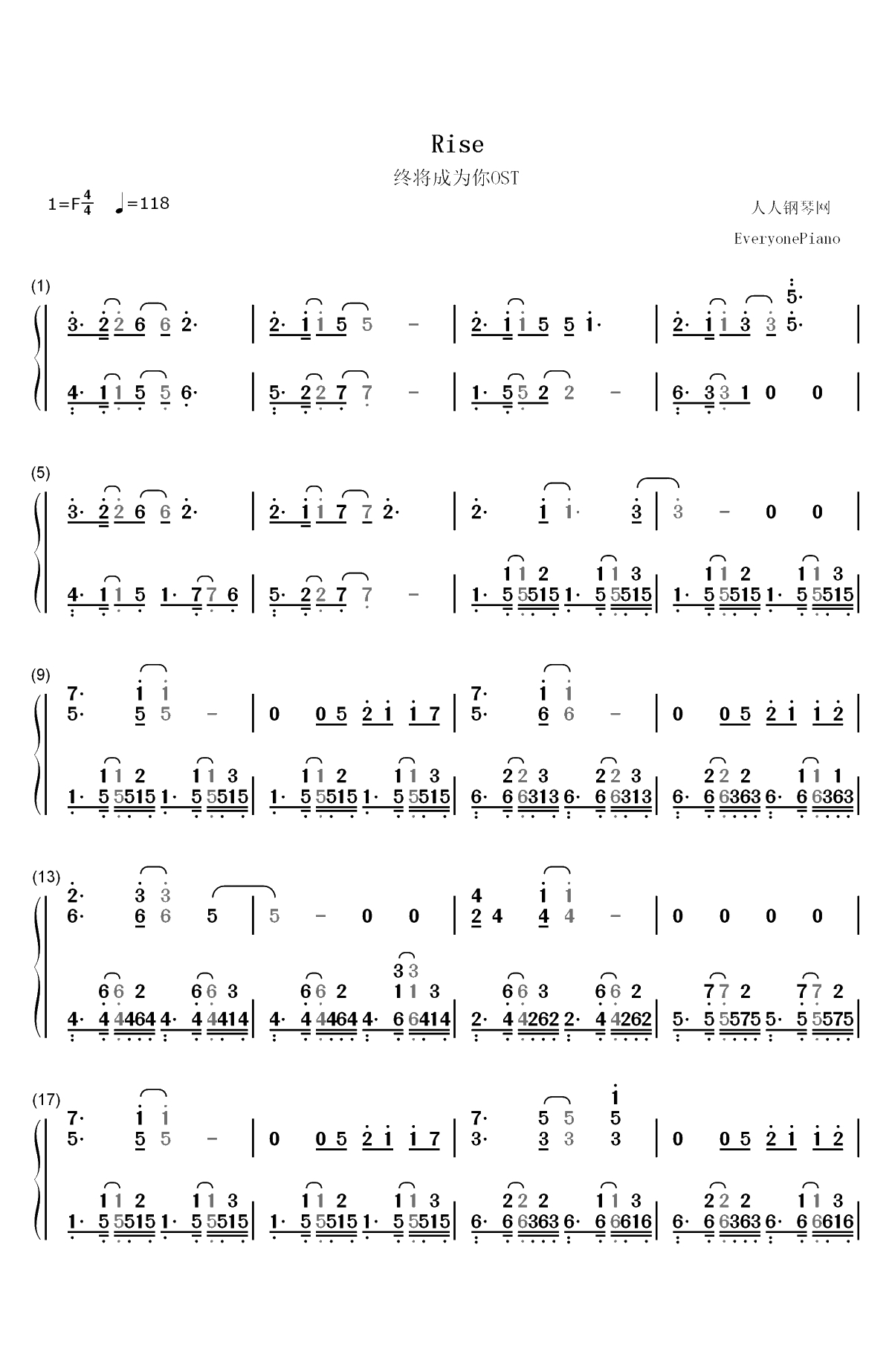 Rise-终将成为你OST双手简谱预览1