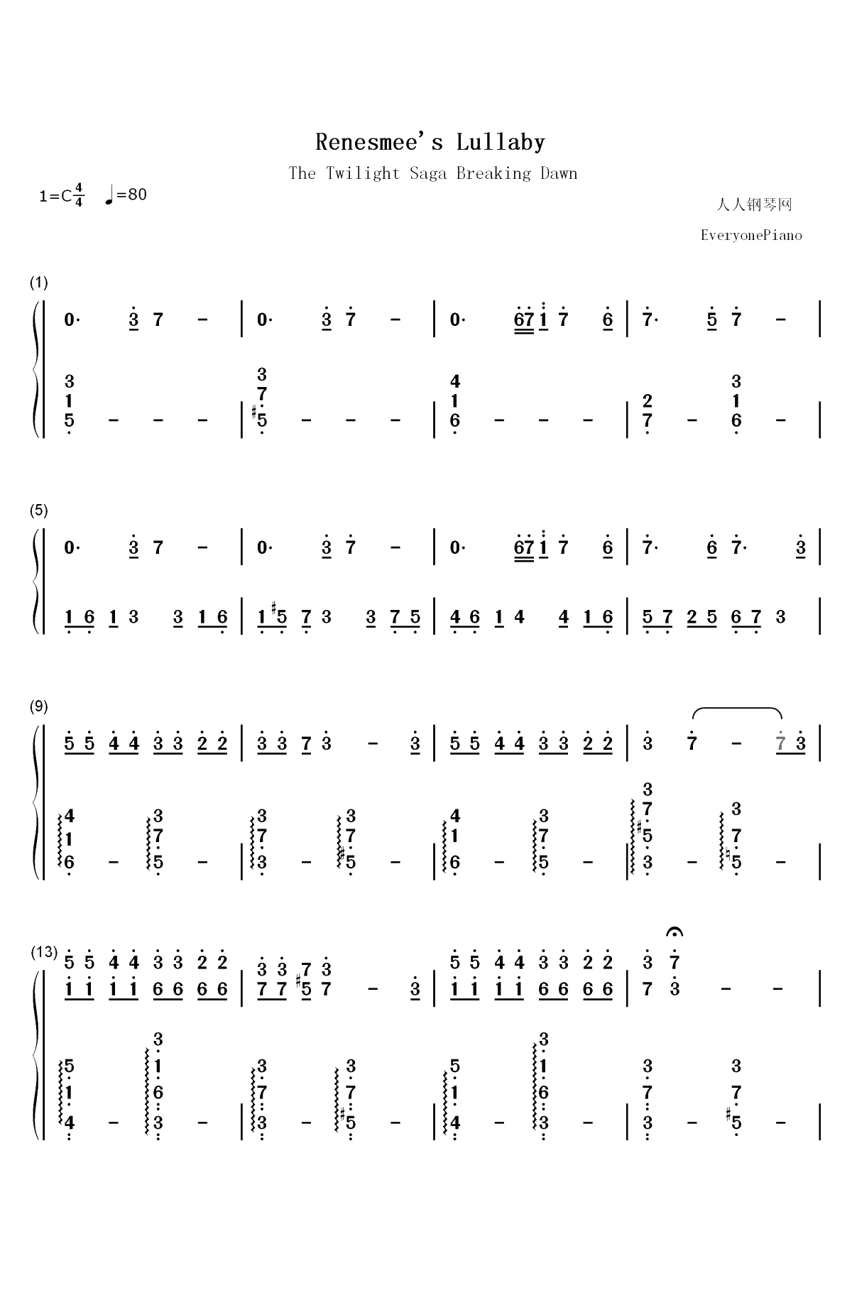 Renesmee's Lullaby-暮光之城4破晓下OST双手简谱预览1