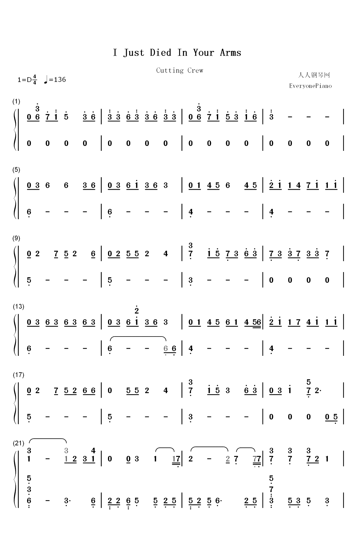 I Just Died In Your Arms-Cutting Crew双手简谱预览1