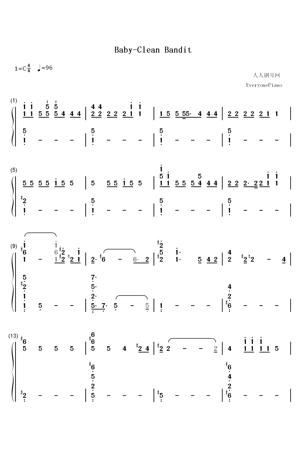 Baby-Clean Bandit双手简谱预览1