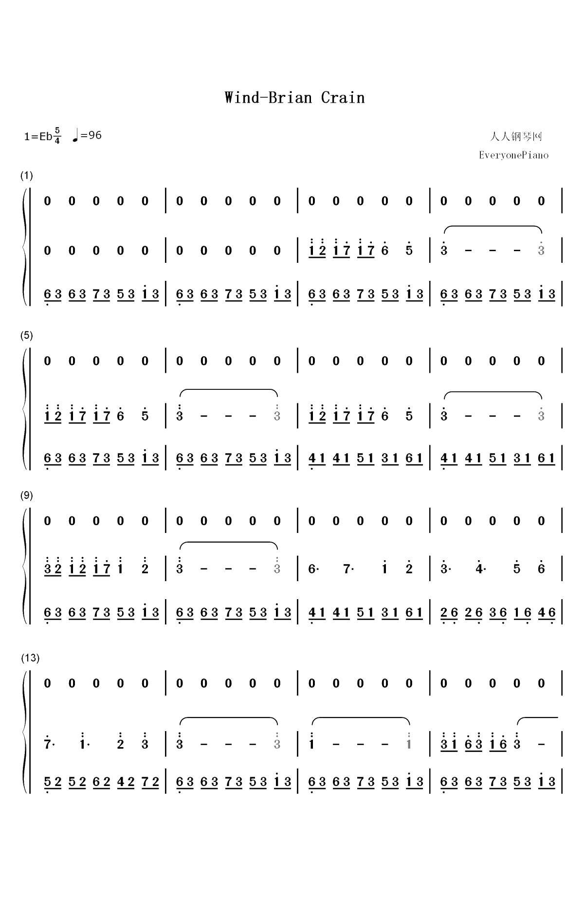 Wind-Brian Crain双手简谱预览1