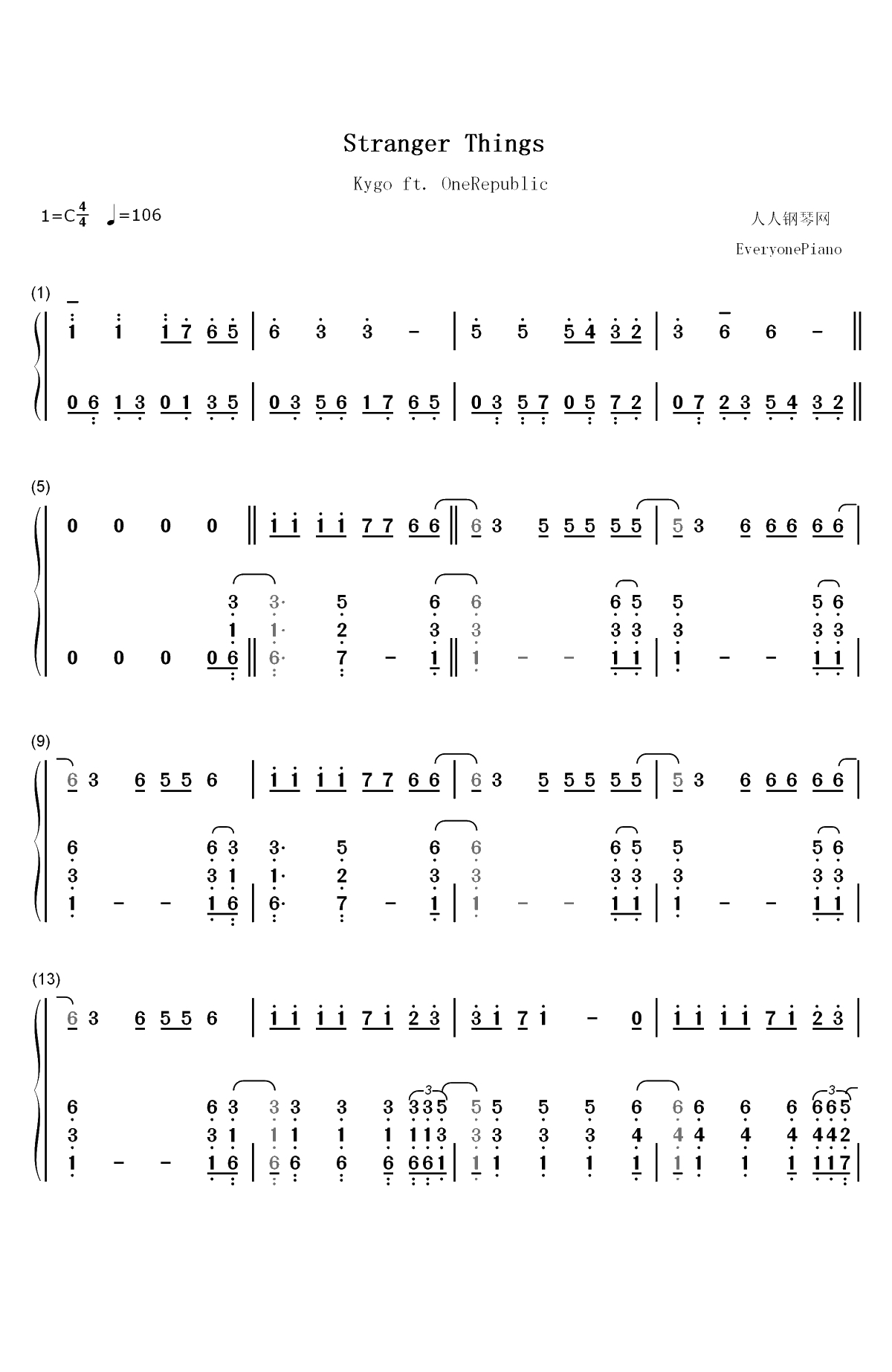 Stranger Things-Kygo ft OneRepublic双手简谱预览1