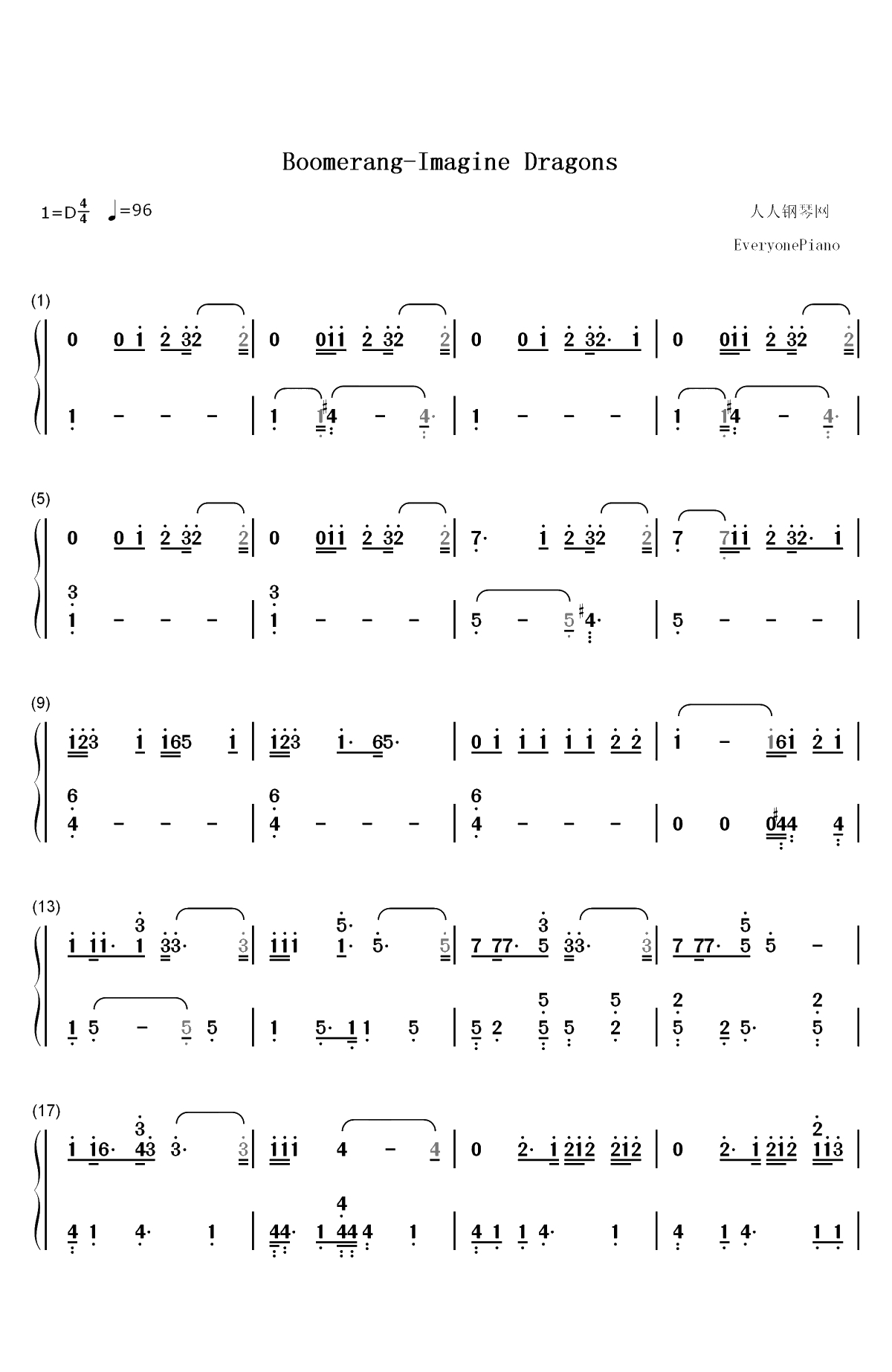 Boomerang-Imagine Dragons双手简谱预览1