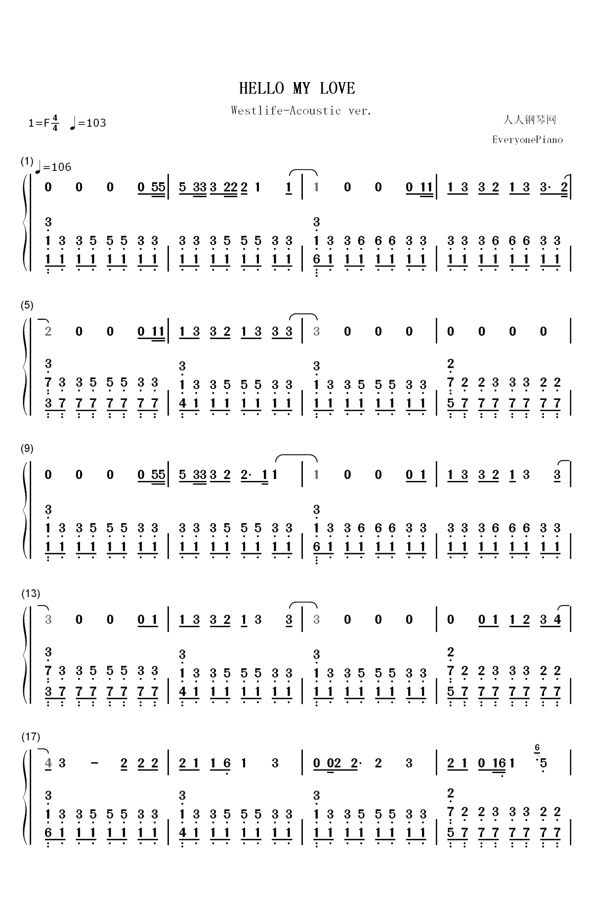 Hello My Love-Westlife双手简谱预览1