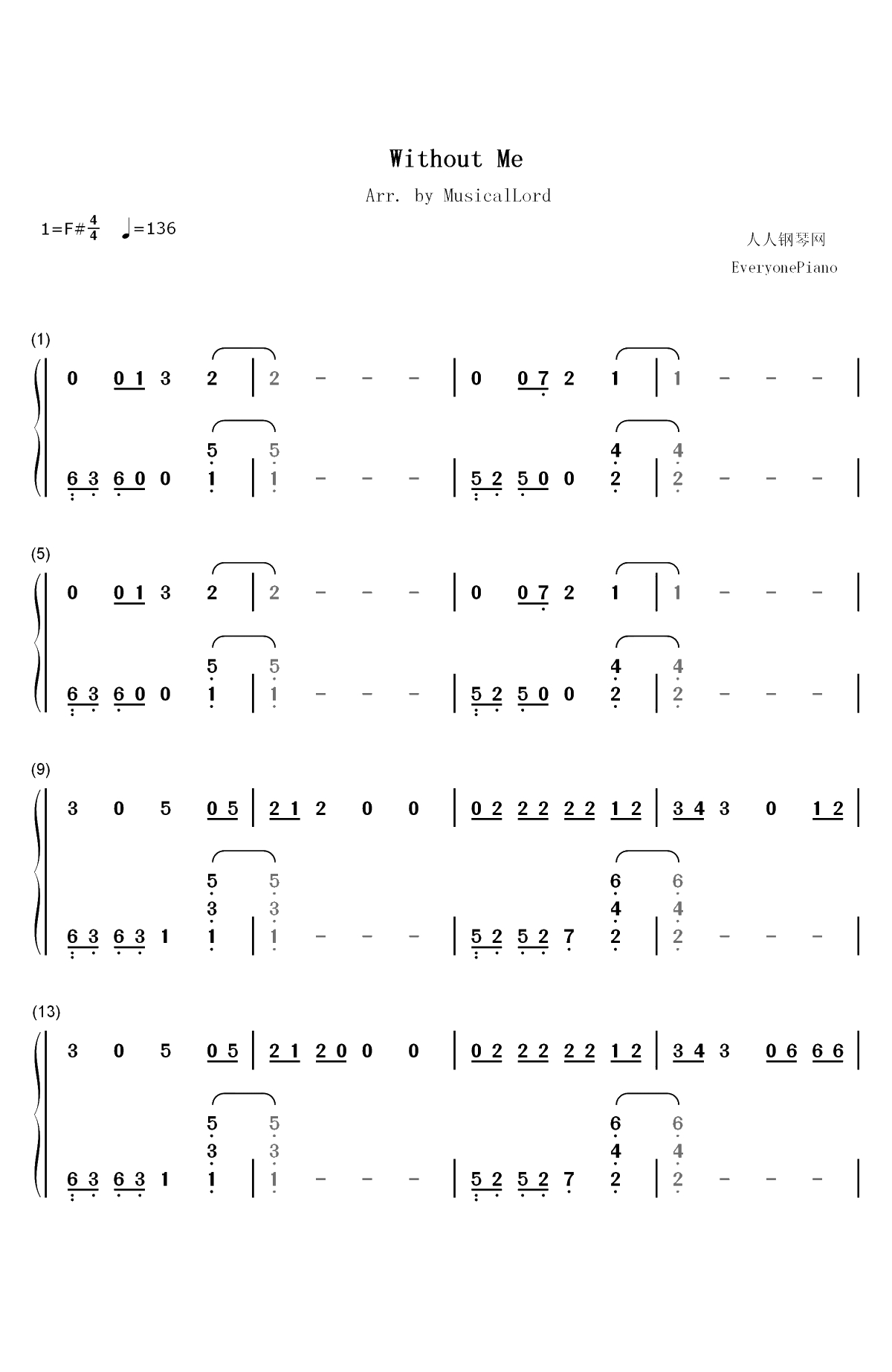 Without Me-Halsey双手简谱预览1