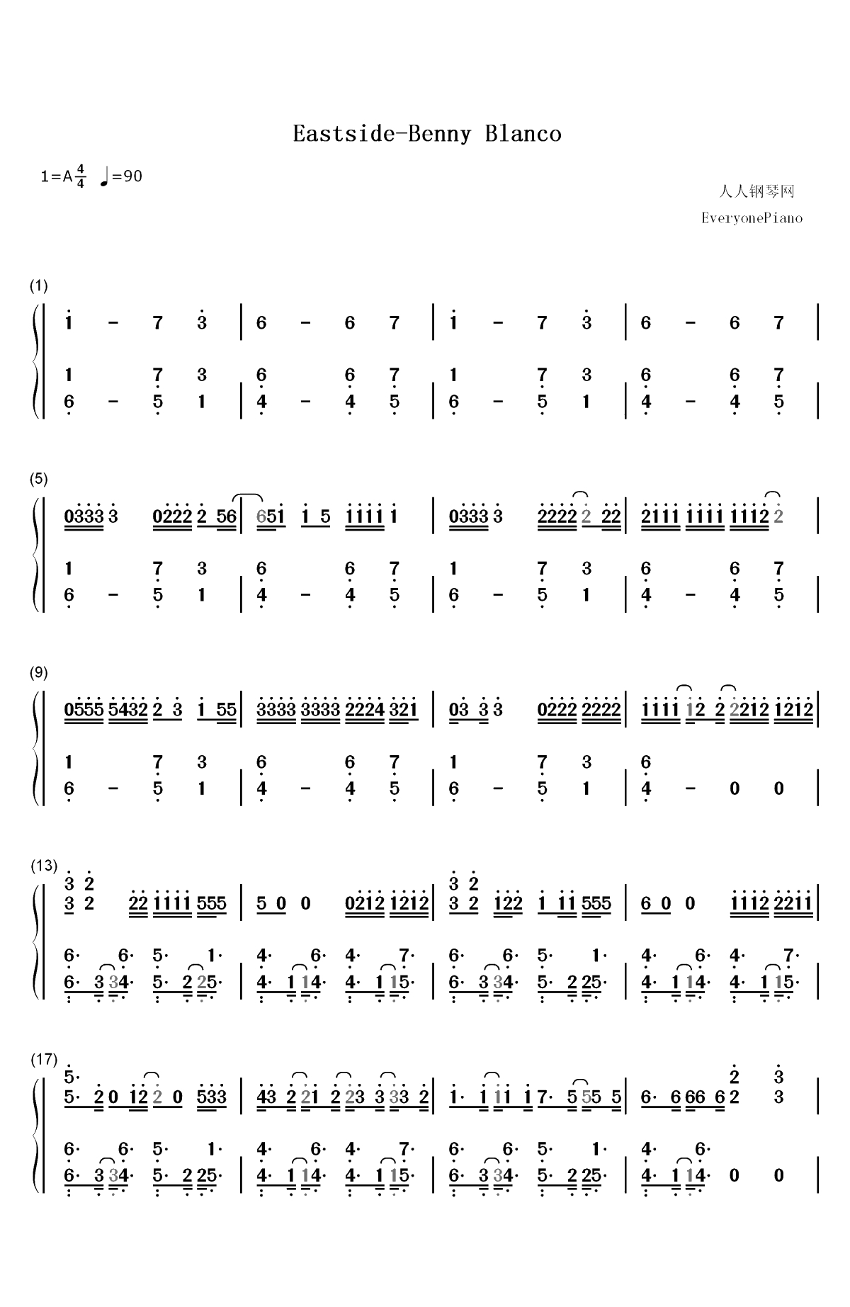 Eastside-Benny Blanco和Halsey和Khalid双手简谱预览1