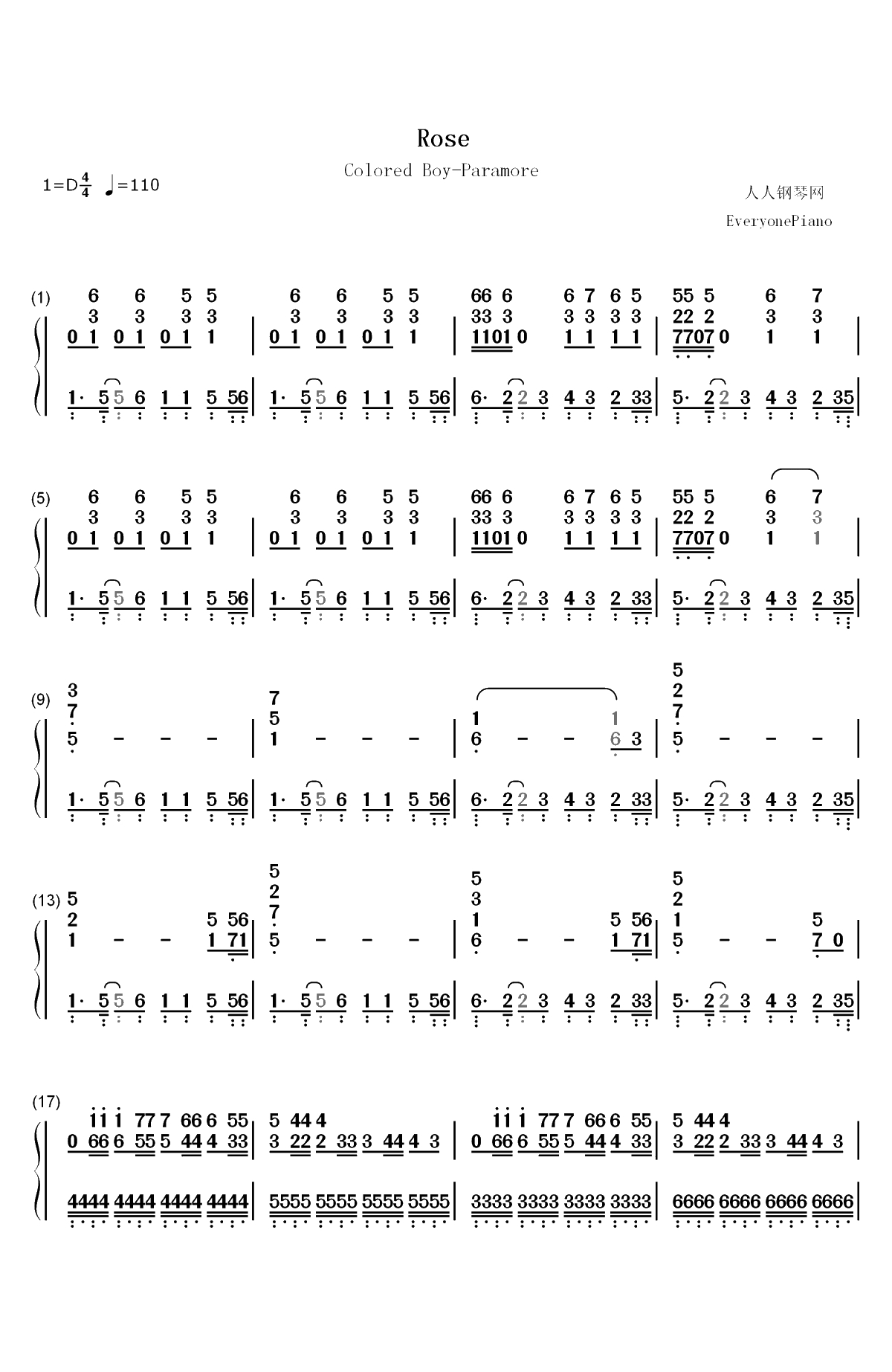 Rose-Colored Boy-Paramore双手简谱预览1