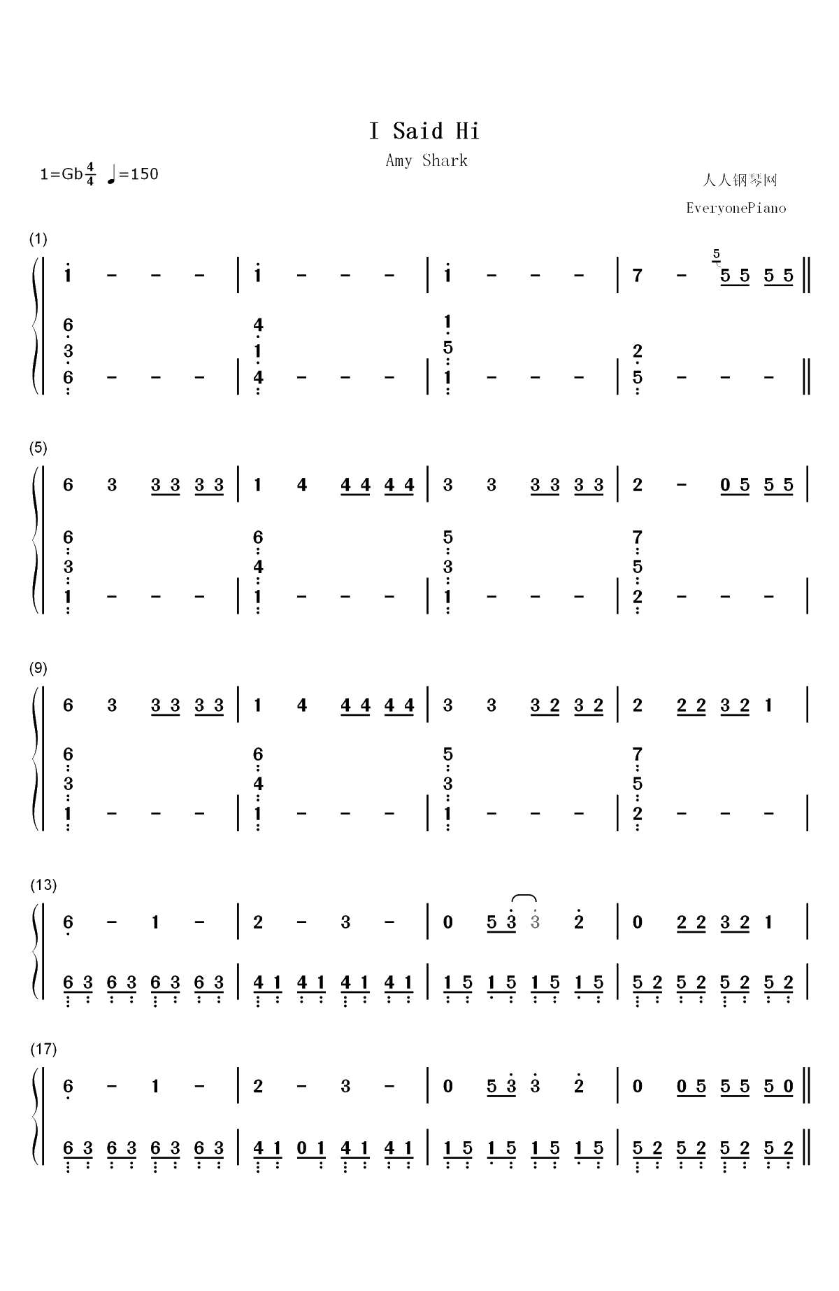 I Said Hi-Amy Shark双手简谱预览1