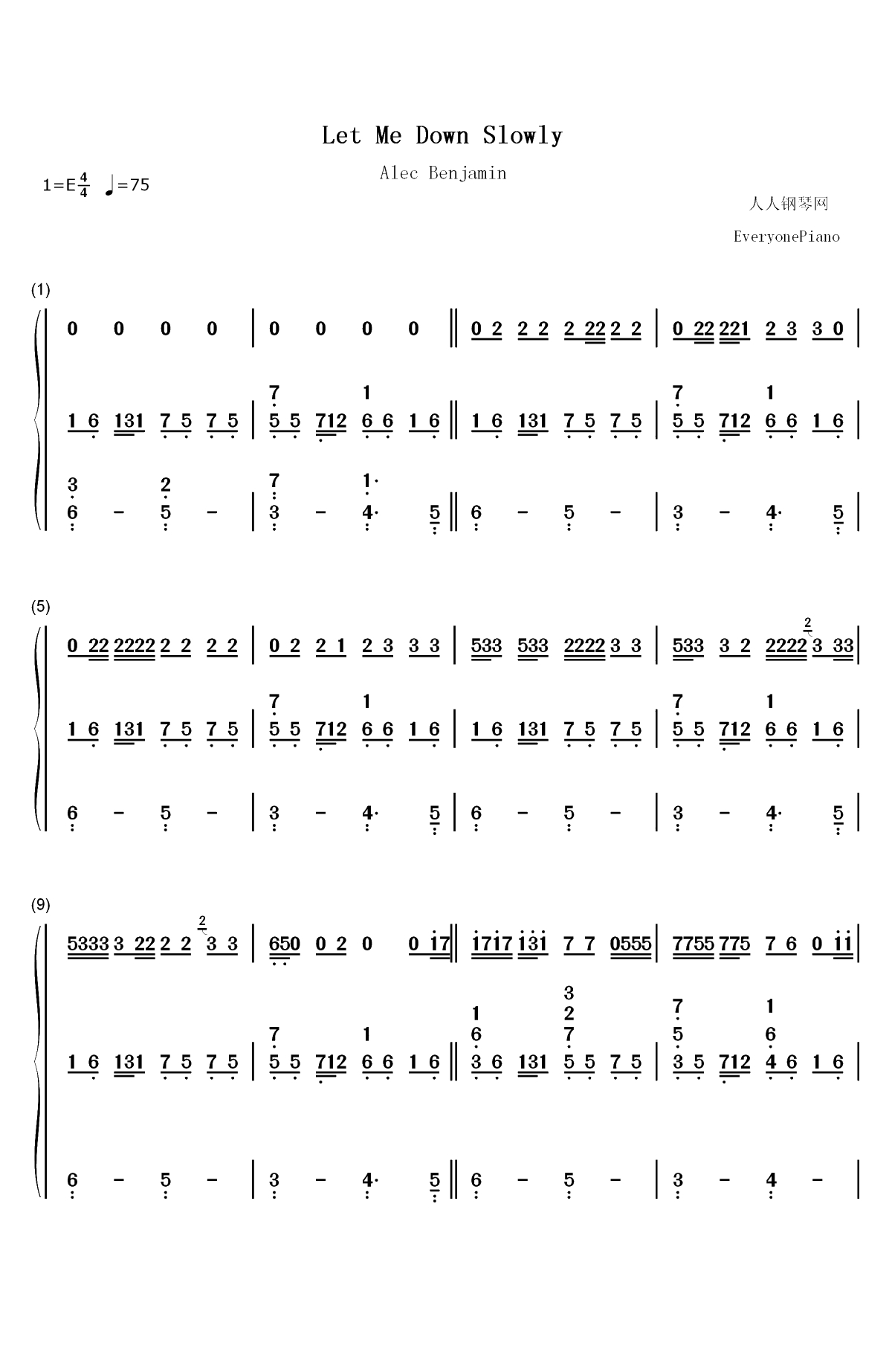 Let Me Down Slowly-Alec Benjamin双手简谱预览1