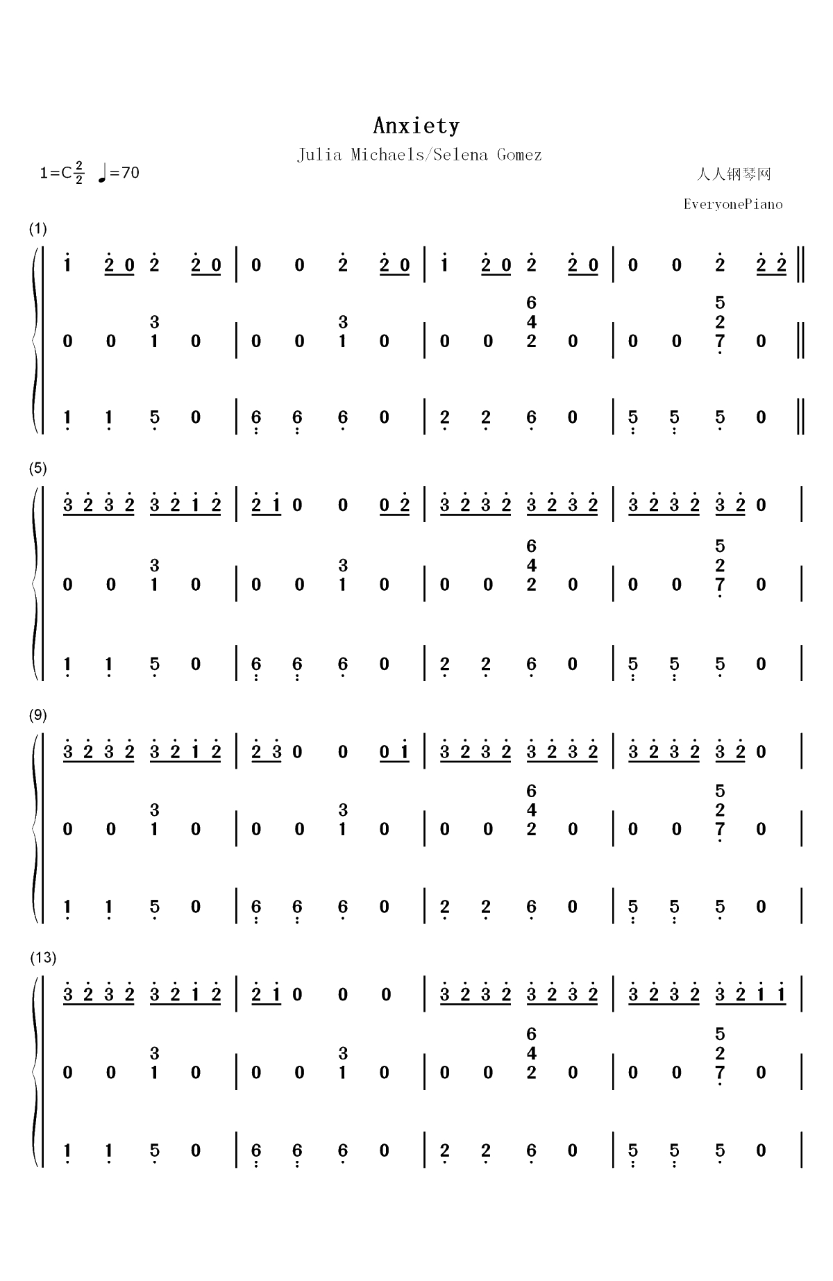 Anxiety-Julia Michaels ft Selena Gomez双手简谱预览1