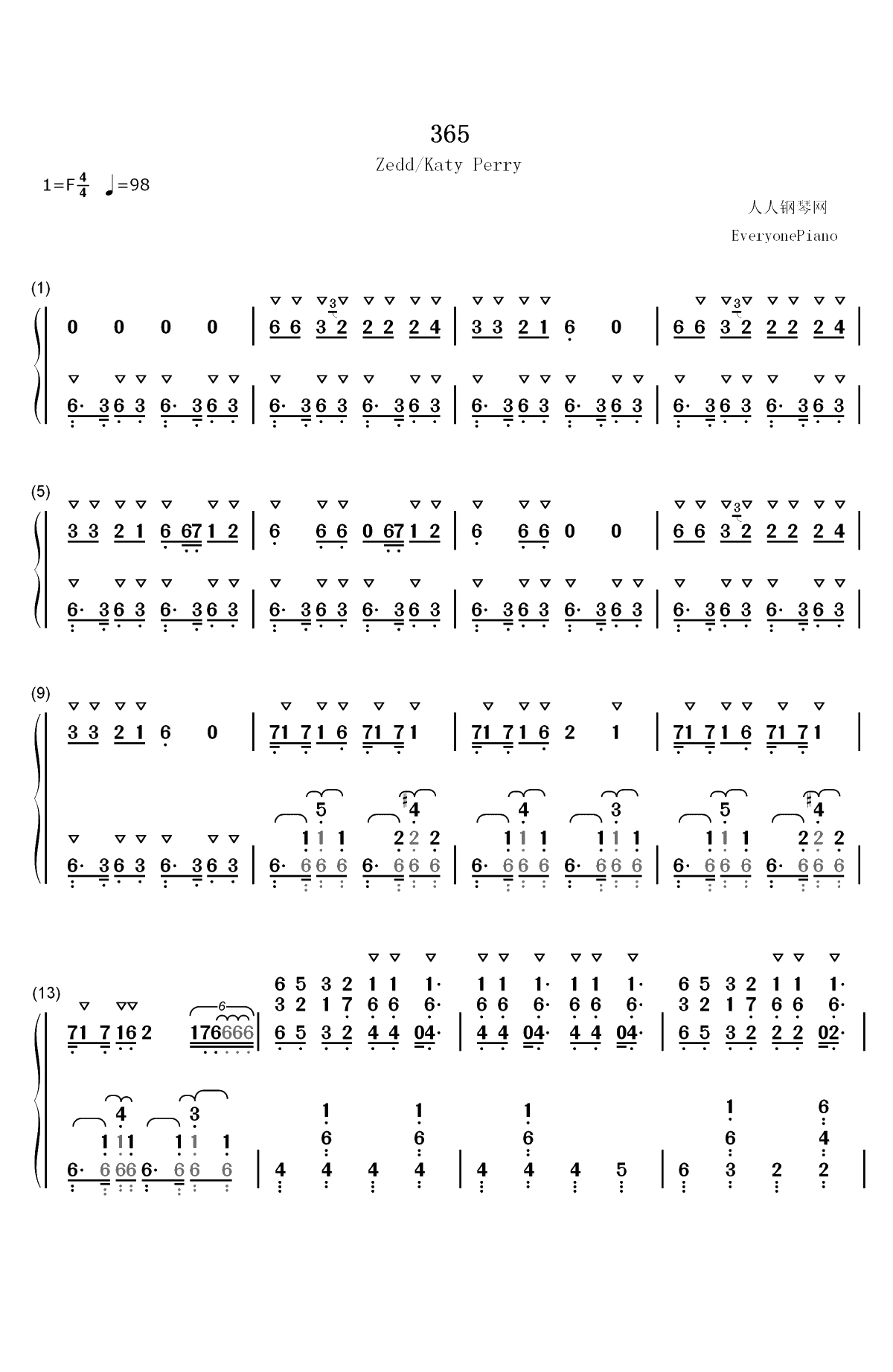 365-Zedd ft Katy Perry双手简谱预览1