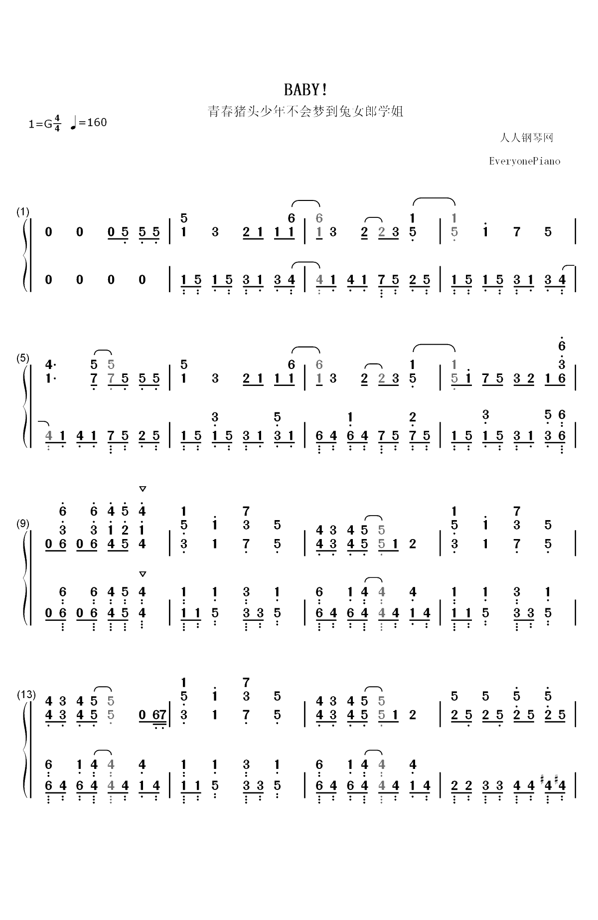 BABY-青春猪头少年不会梦到兔女郎学姐OST双手简谱预览1