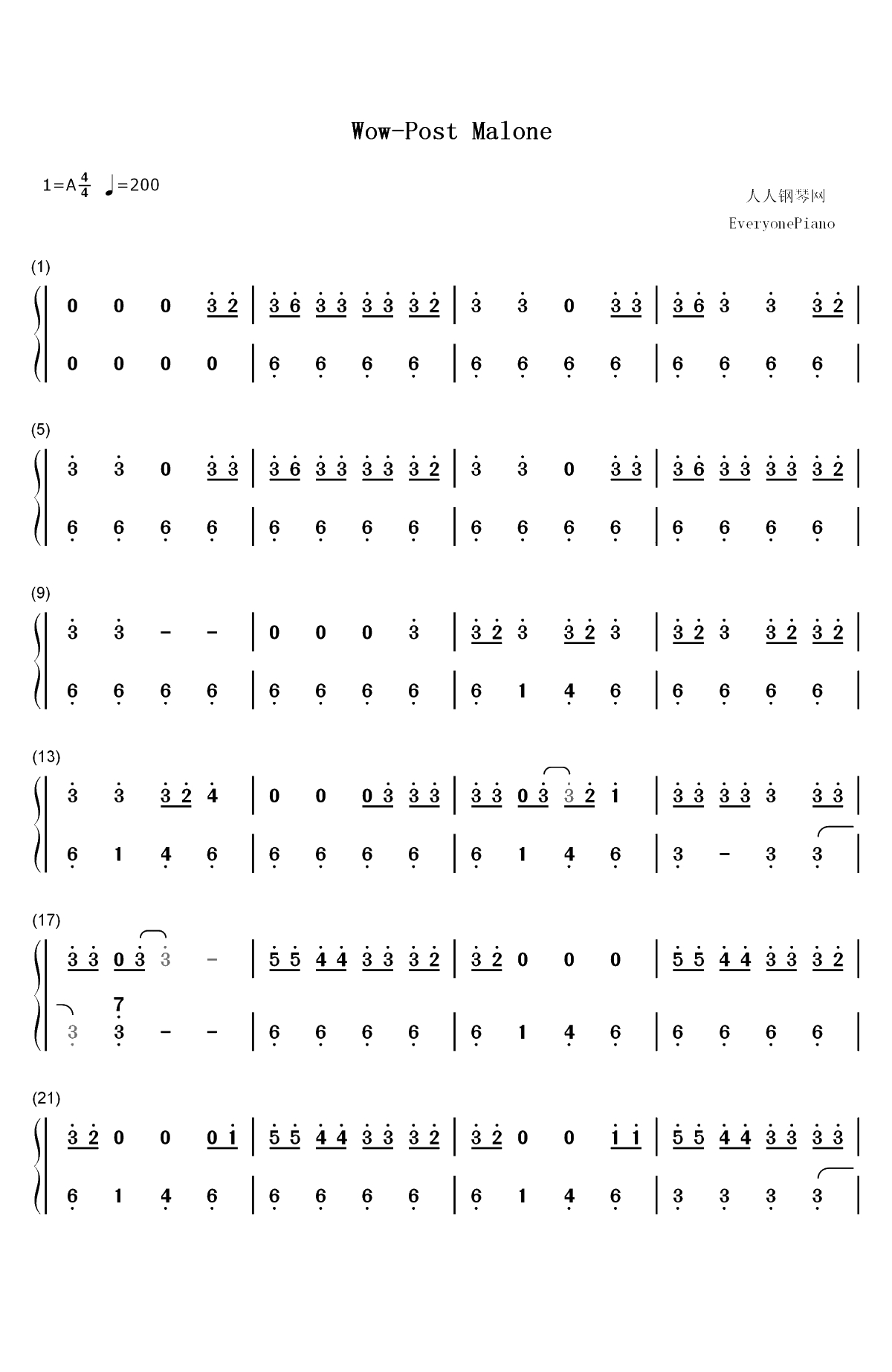 Wow-Post Malone双手简谱预览1