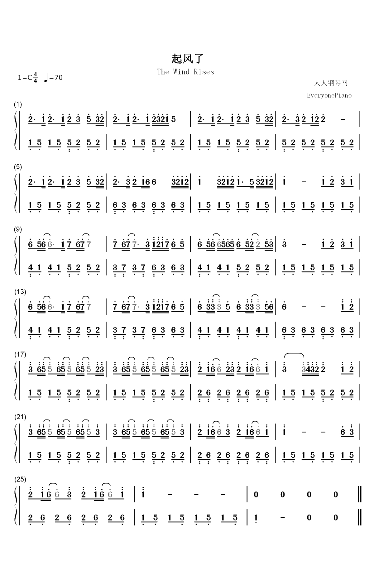 起风了-好听简单版双手简谱预览1