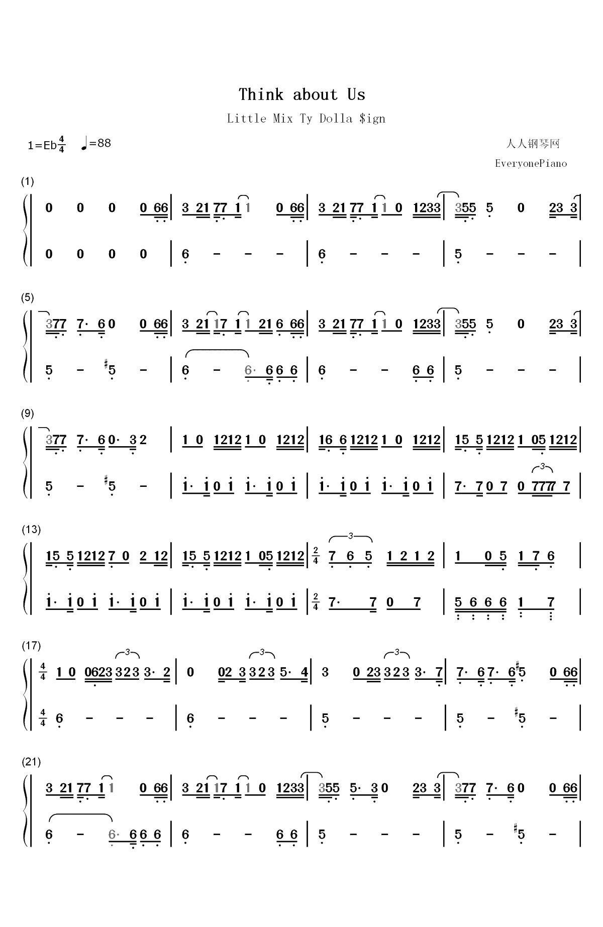 Think About Us-Little Mix和Ty Dolla Sign双手简谱预览1