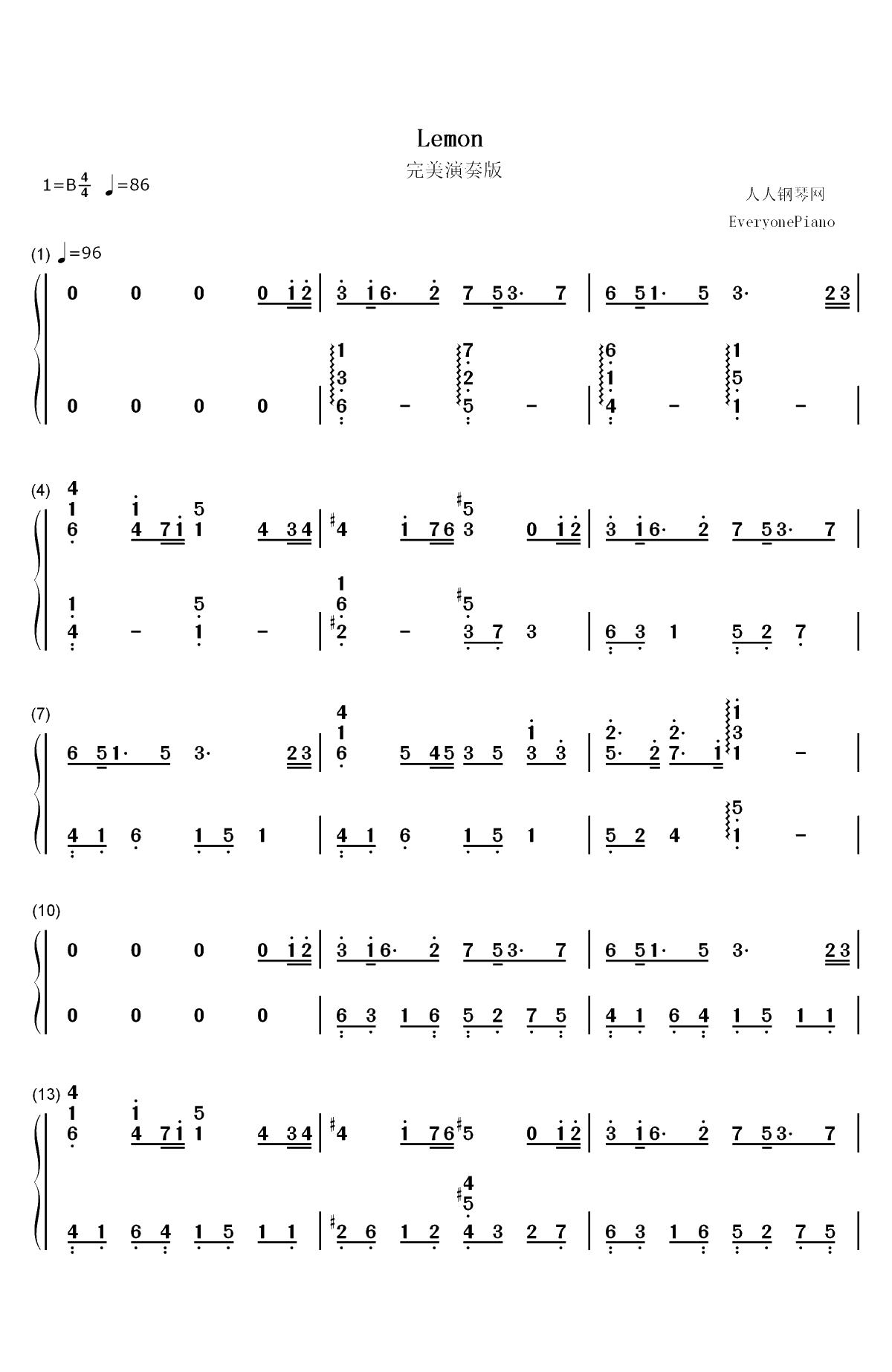 Lemon-完美版双手简谱预览1