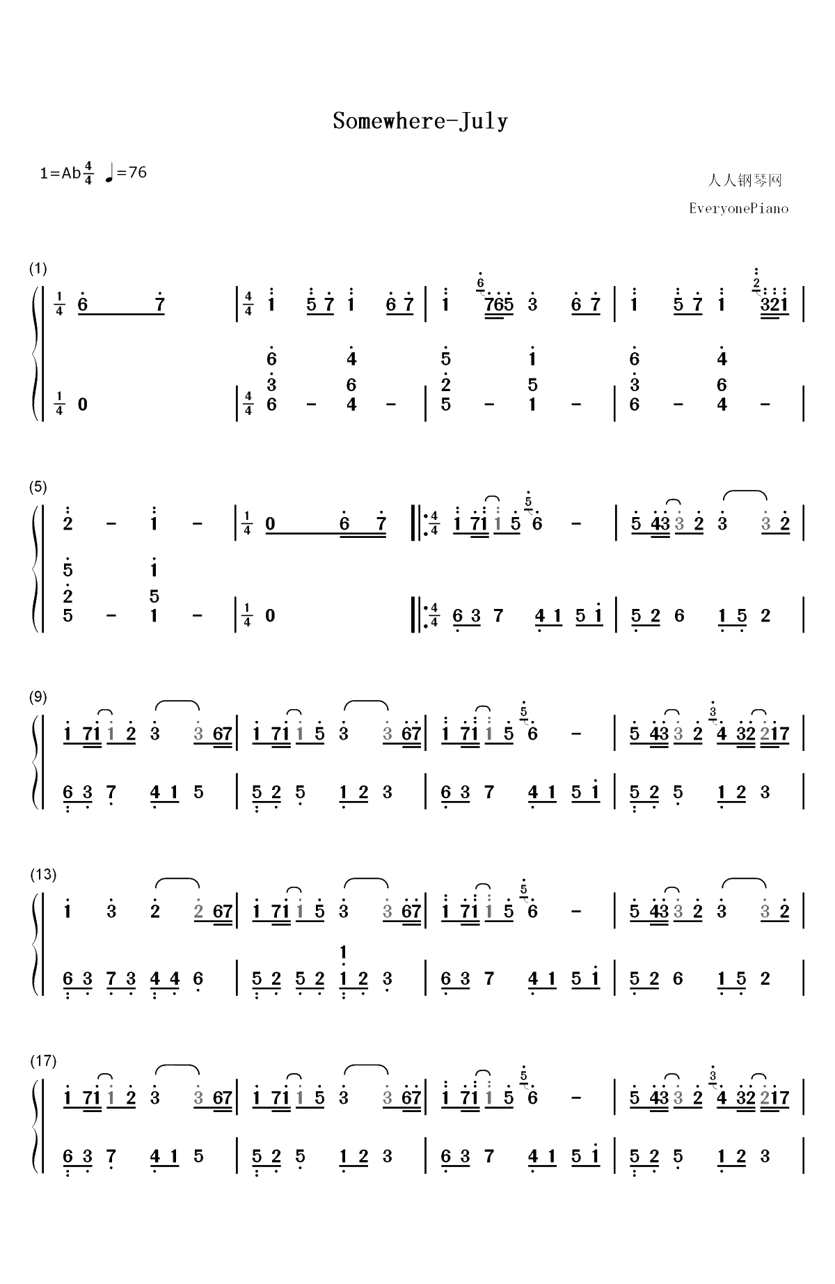 Somewhere-July双手简谱预览1