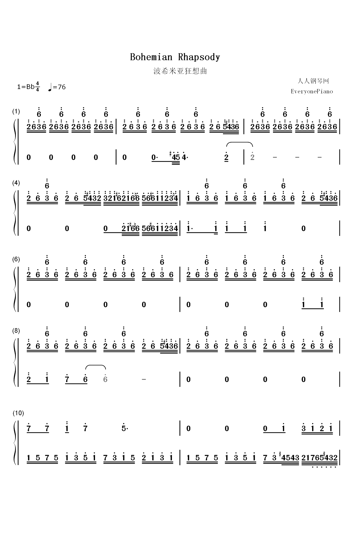 Bohemian Rhapsody-完美版-波希米亚狂想曲双手简谱预览1