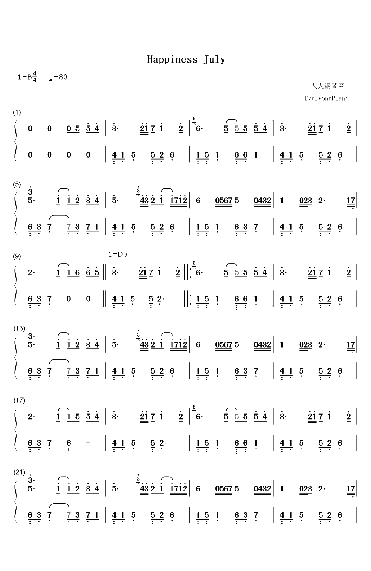 Happiness-July双手简谱预览1