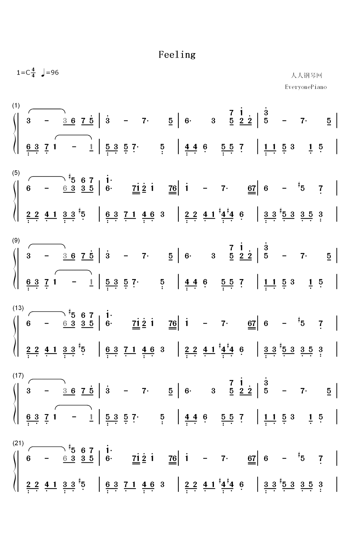 Feeling-July双手简谱预览1