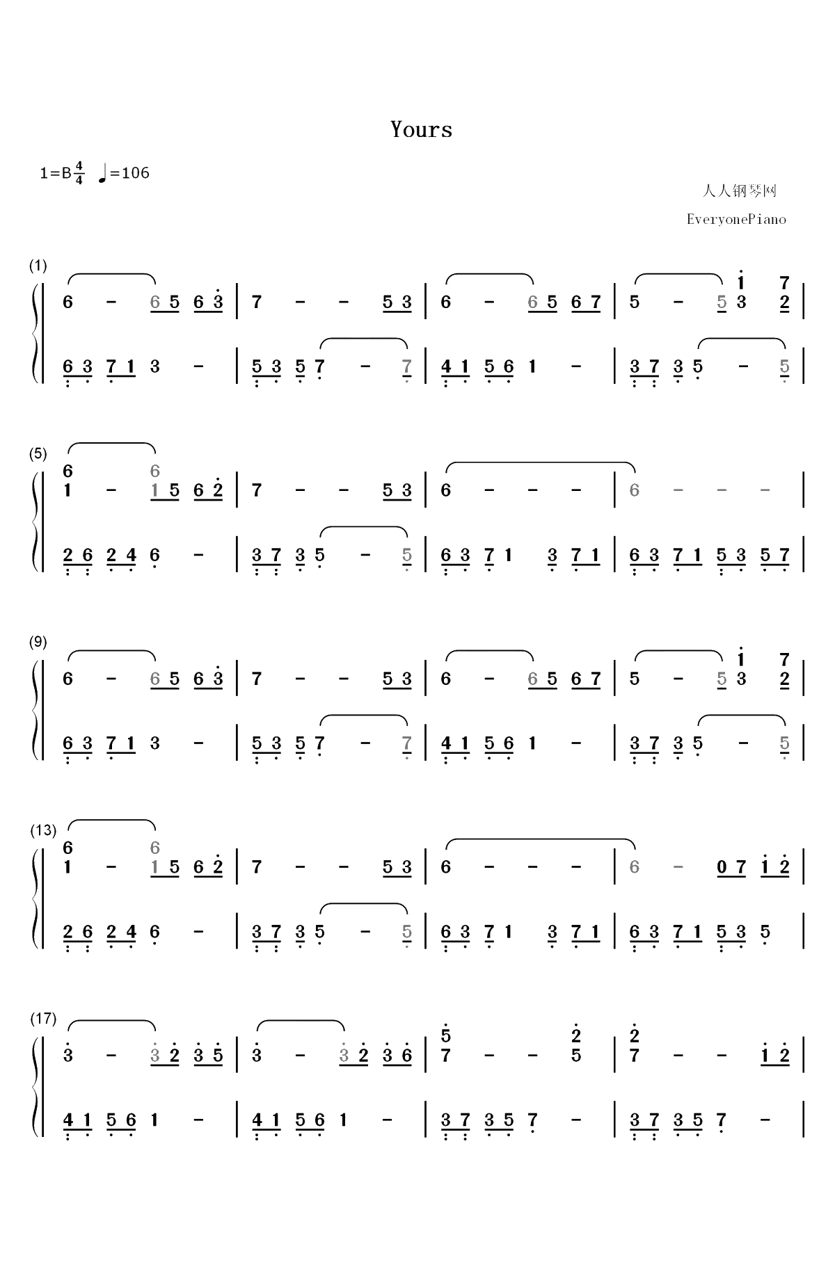 Yours-July双手简谱预览1