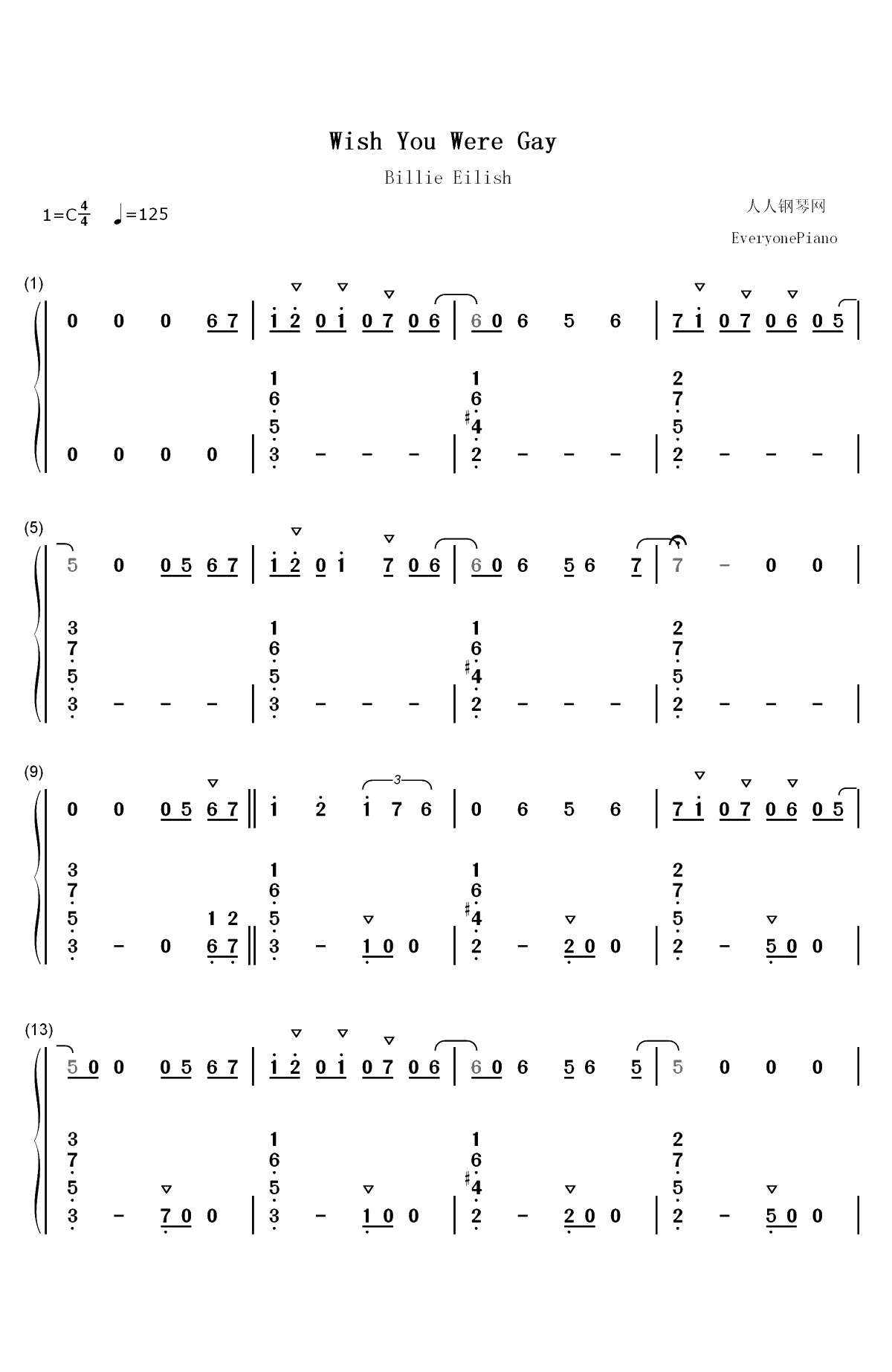 Wish You Were Gay-Billie Eilish双手简谱预览1