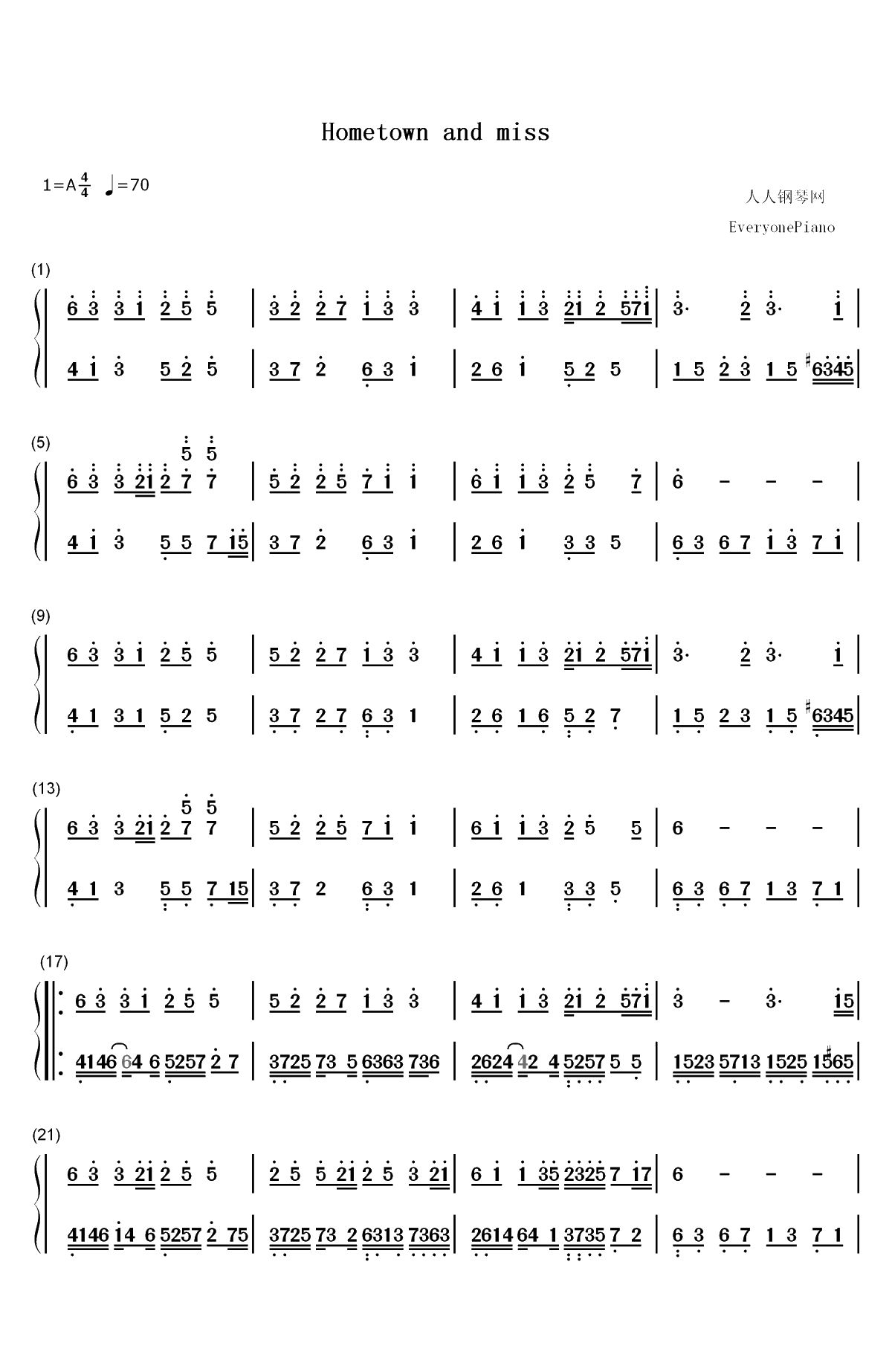 Hometown and miss-醉美轻音乐只为打动你双手简谱预览1