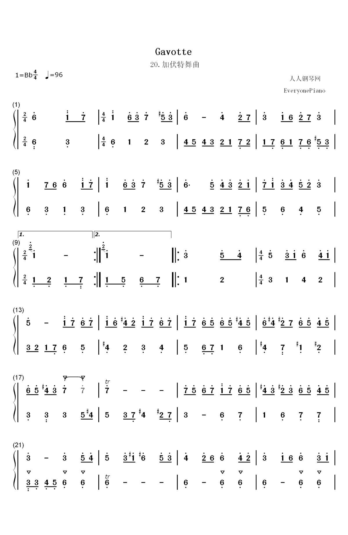 加伏特舞曲 20-巴赫初级钢琴曲集双手简谱预览1