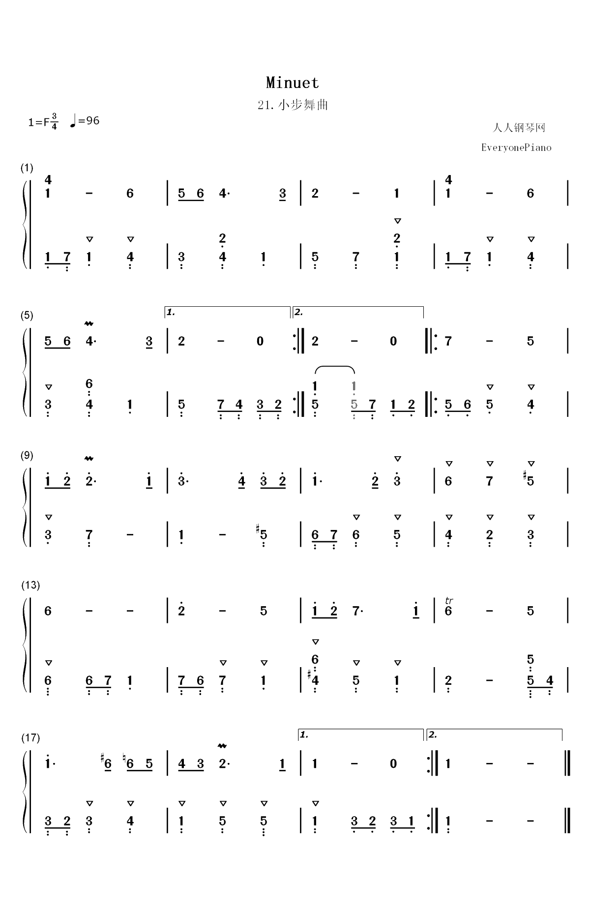 小步舞曲 21-巴赫初级钢琴曲集双手简谱预览1