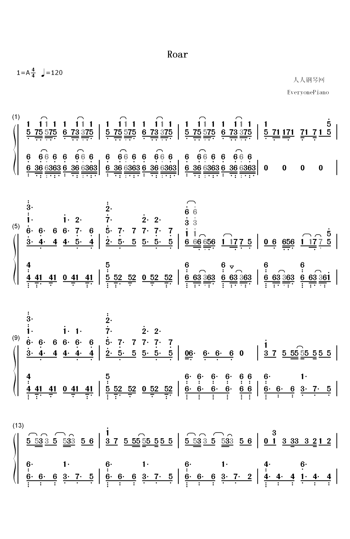 Roar-魔法禁书目录第三季OP2双手简谱预览1