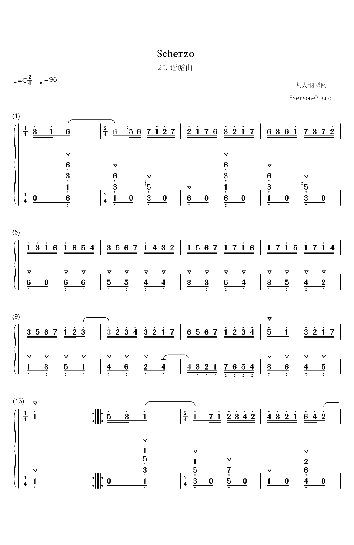 谐谑曲 25-巴赫初级钢琴曲集双手简谱预览1