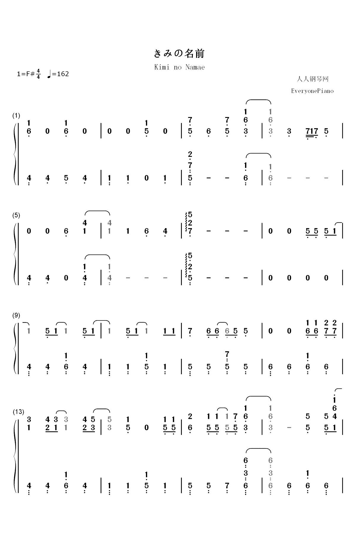 きみの名前-盾之勇者成名录ED双手简谱预览1