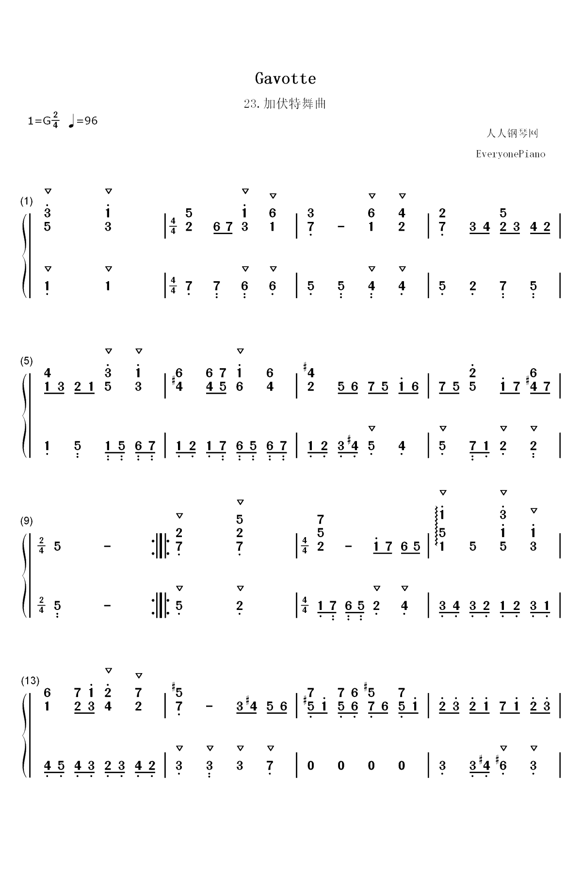 加伏特舞曲 23-巴赫初级钢琴曲集双手简谱预览1