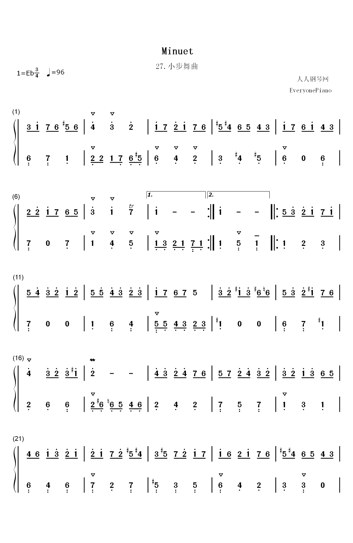 小步舞曲 27-巴赫初级钢琴曲集双手简谱预览1