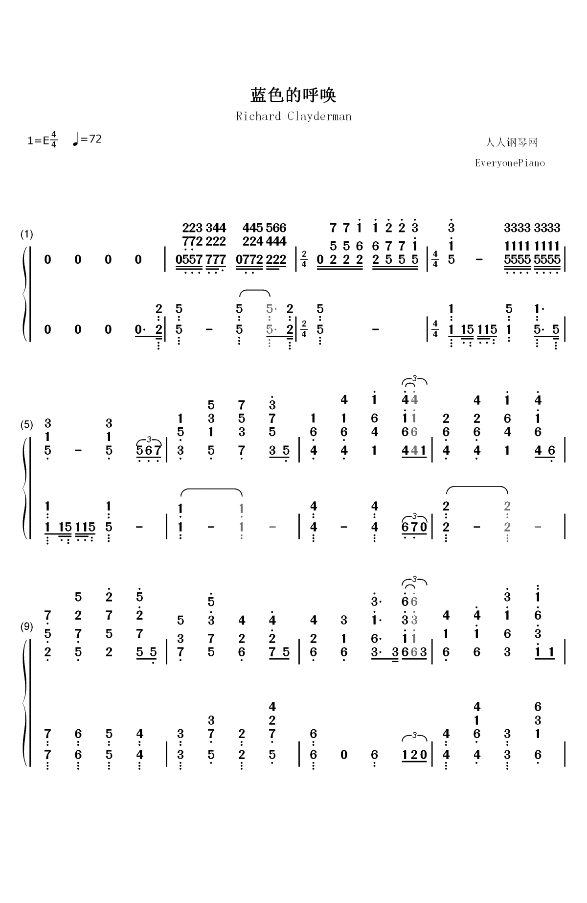 蓝色的呼唤-理查德克莱德曼双手简谱预览1