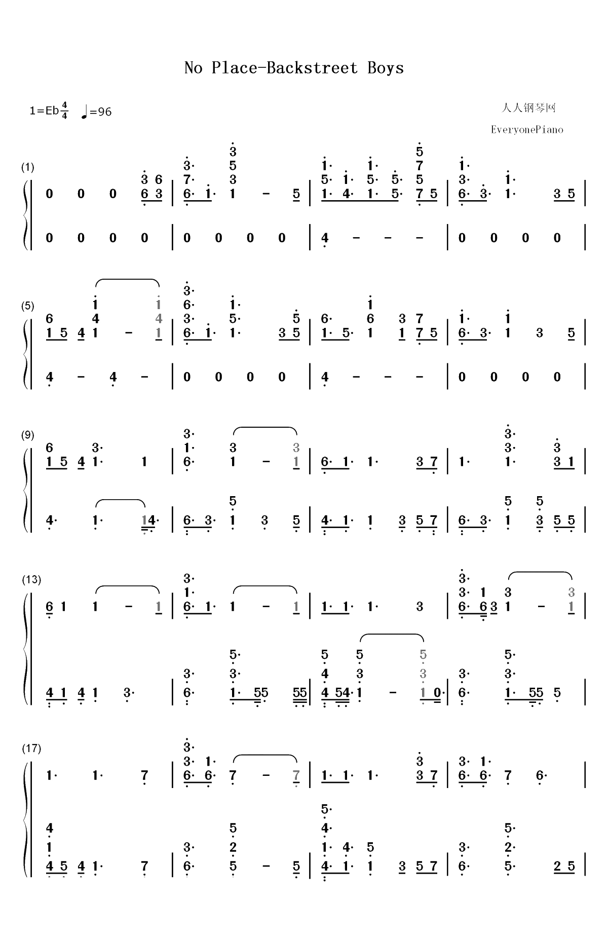 No Place-Backstreet Boys双手简谱预览1