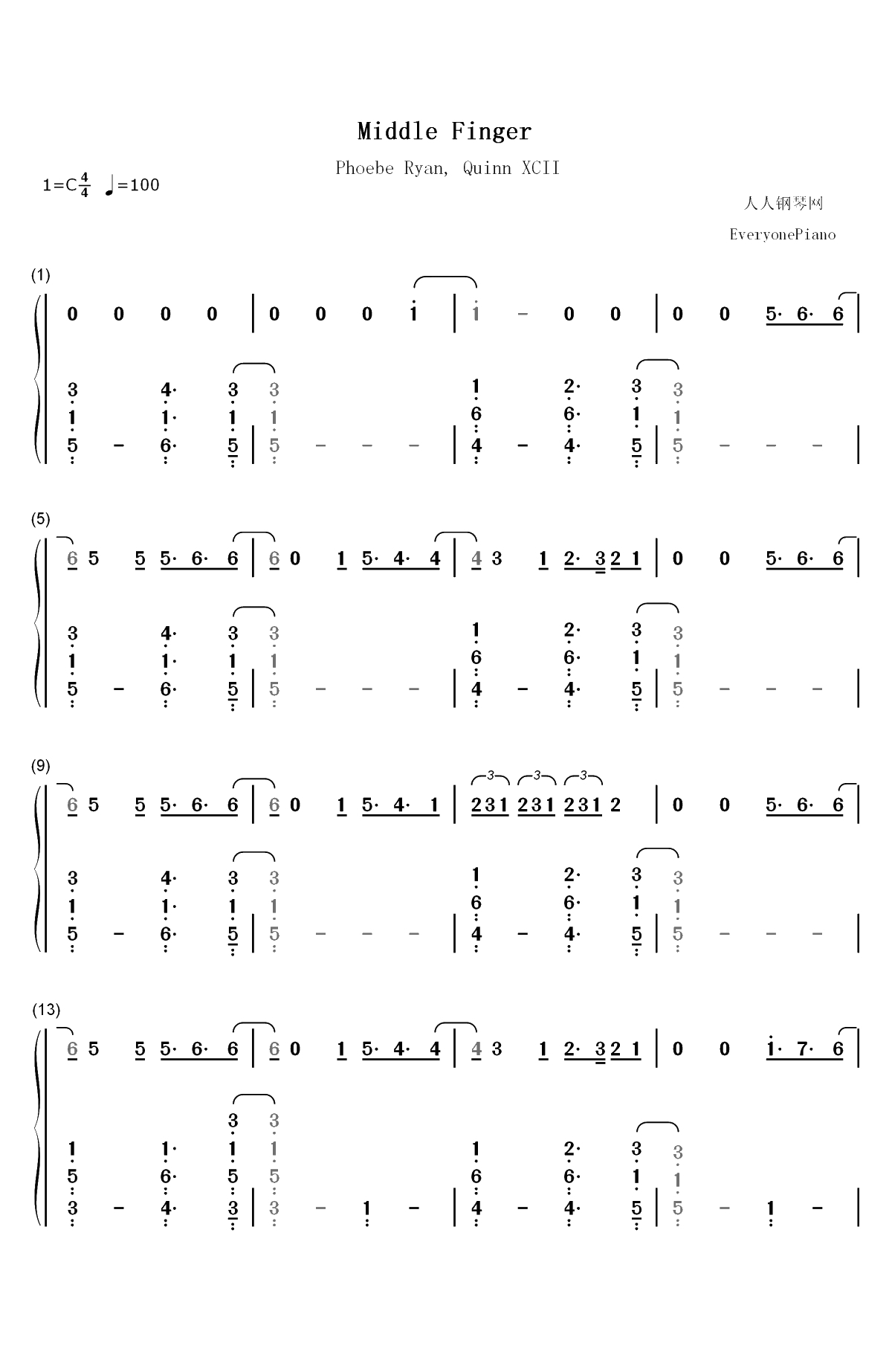 Middle Finger-Phoebe Ryan ft Quinn XCII双手简谱预览1